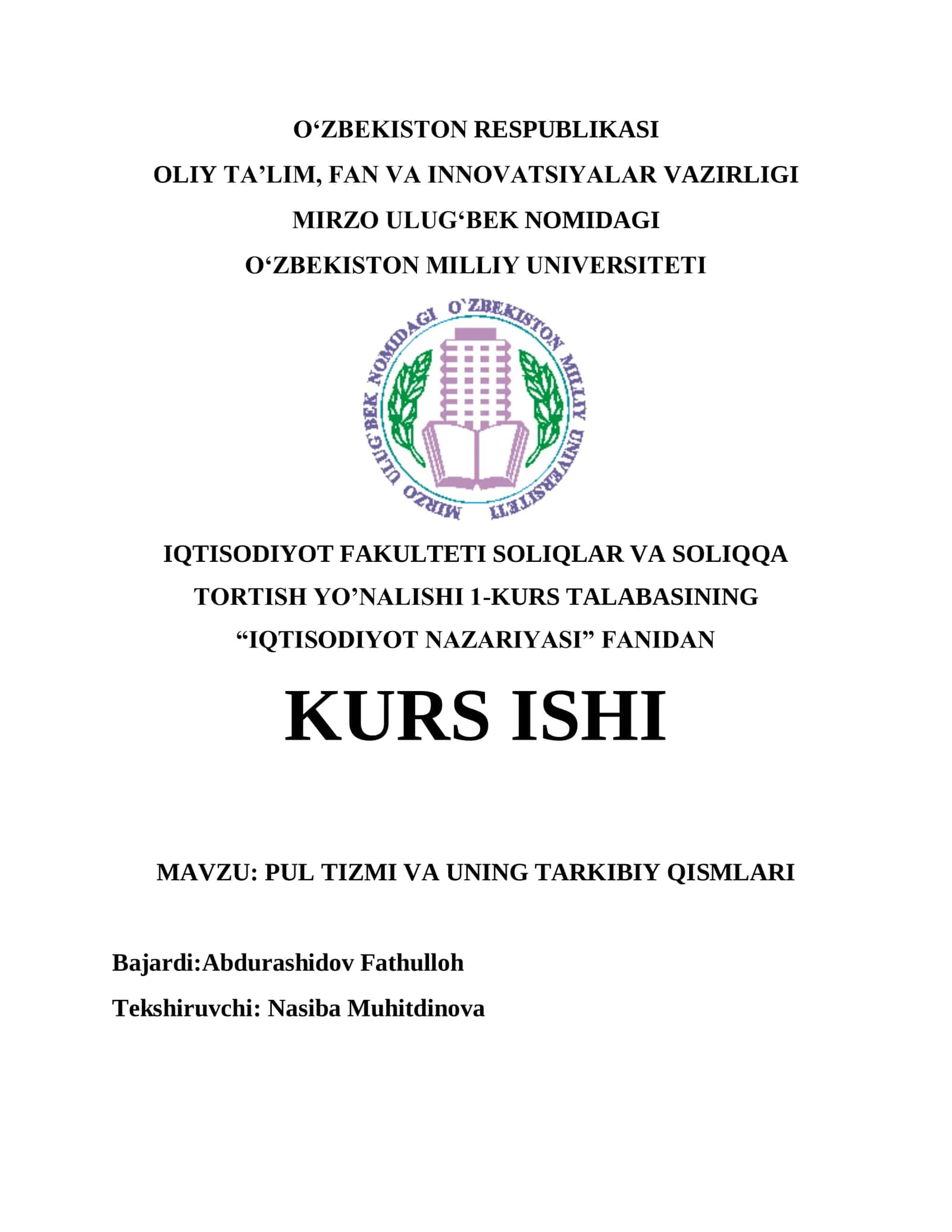 PUL TIZMI VA UNING TARKIBIY QISMLARI