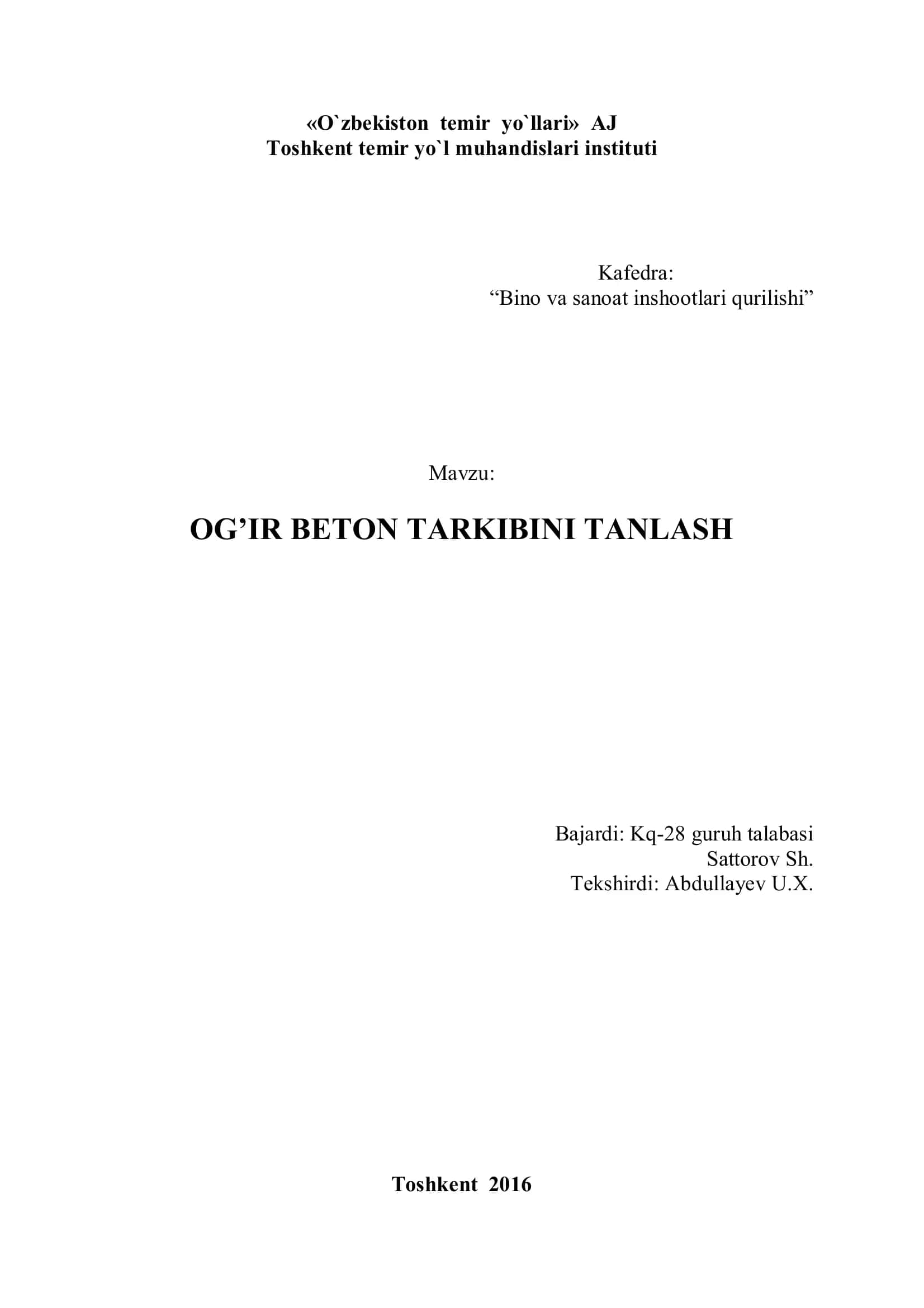 OG’IR BETON TARKIBINI TANLASH