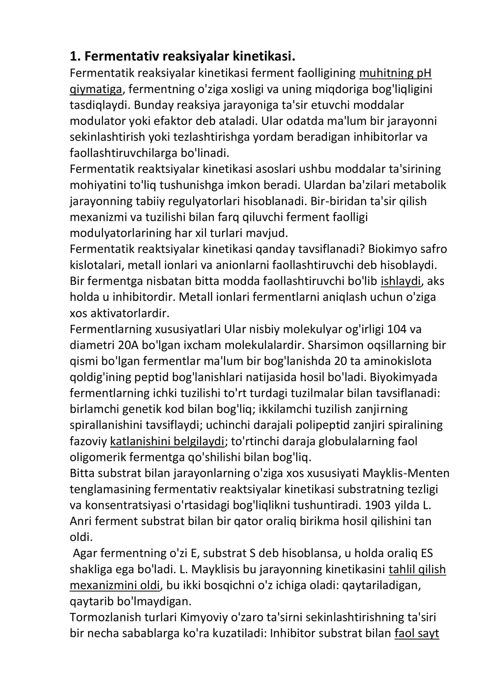 Fermentativ reaksiyalar kinetikasi