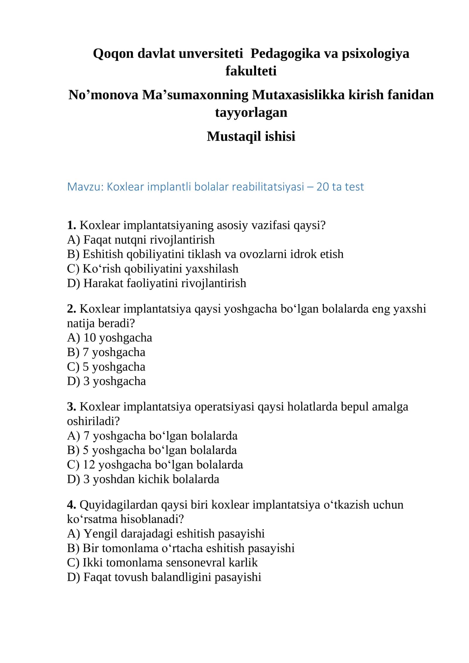 Koxlear implantli bolalar reabilitatsiyasi – 20 ta test