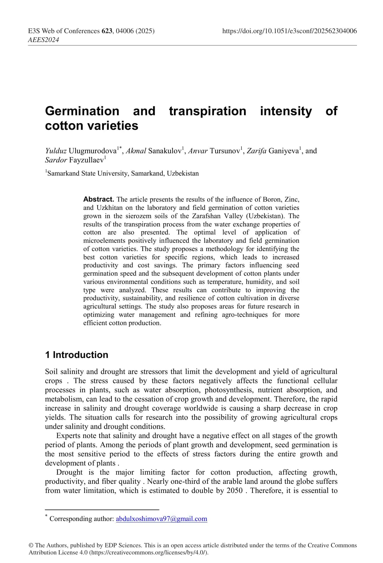 Germination and Transpiration Intensity of Cotton Varieties