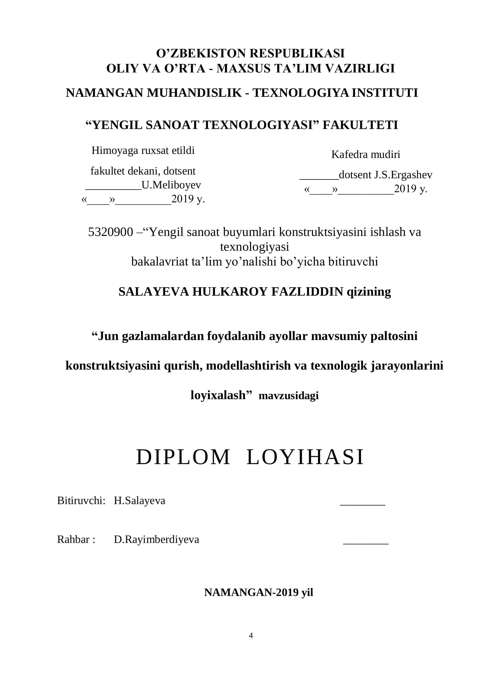 Jun gazlamalardan foydalanib ayollar mavsumiy paltosini konstruktsiyasini qurish, modellashtirish va texnologik jarayonlarini loyixalash