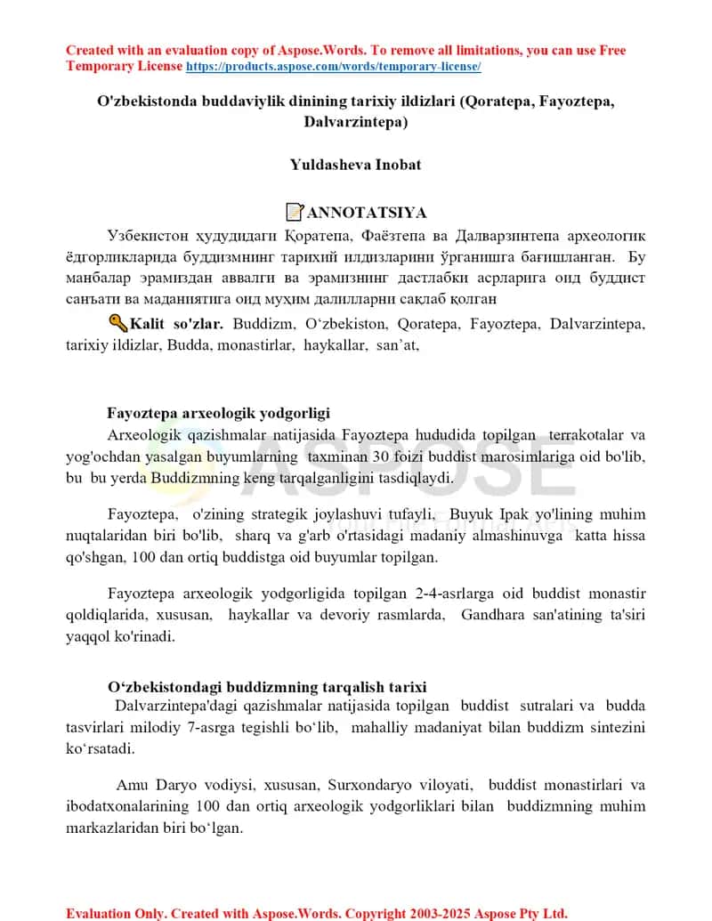 O'zbekistonda buddaviylik dinining tarixiy ildizlari (Qoratepa, Fayoztepa, Dalvarzintepa)