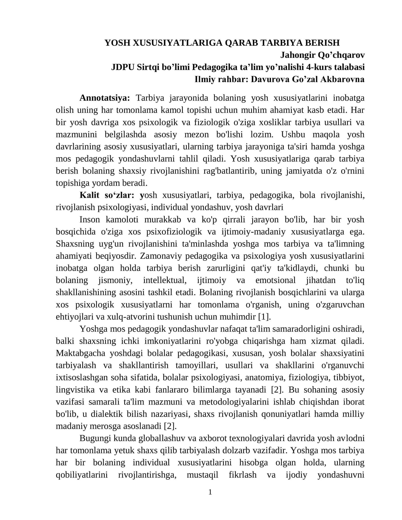 YOSH XUSUSIYATLARIGA QARAB TARBIYA BERISH
