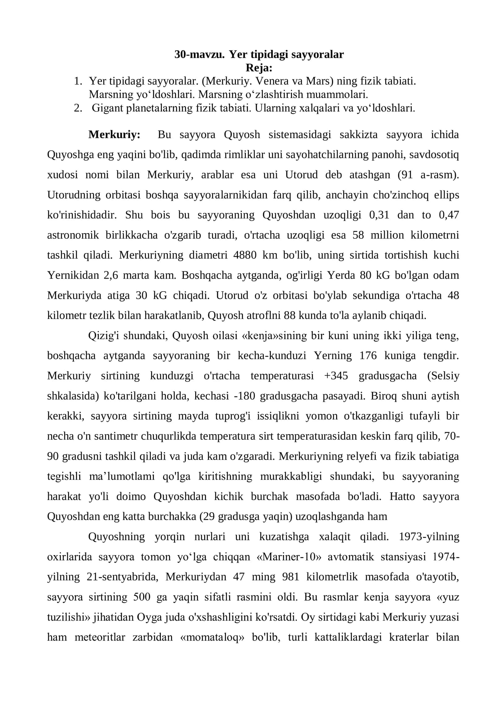 30-mavzu. Yer tipidagi sayyoralar