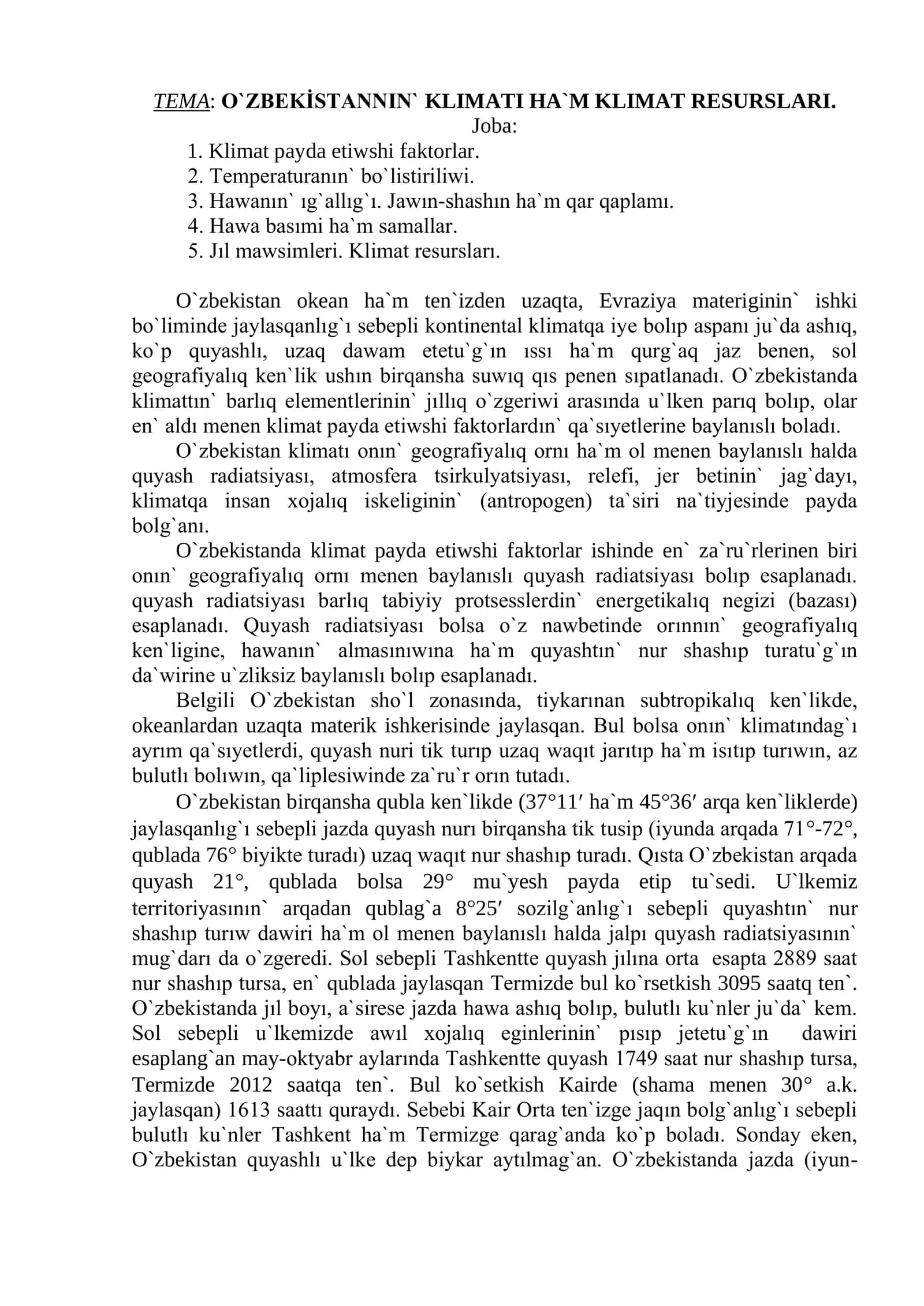 O`ZBEKİSTANNIN` KLIMATI HA`M KLIMAT RESURSLARI