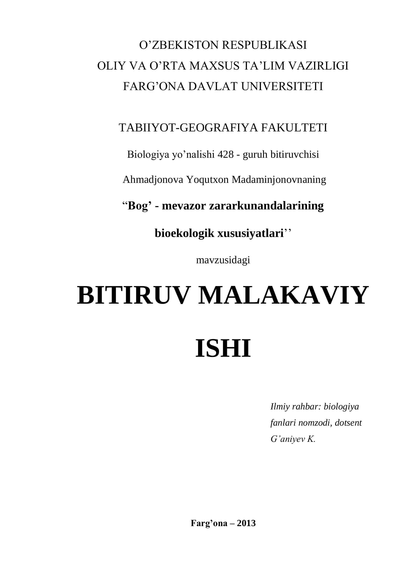 Bog’ - mevazor zararkunandalarining bioekologik xususiyatlari