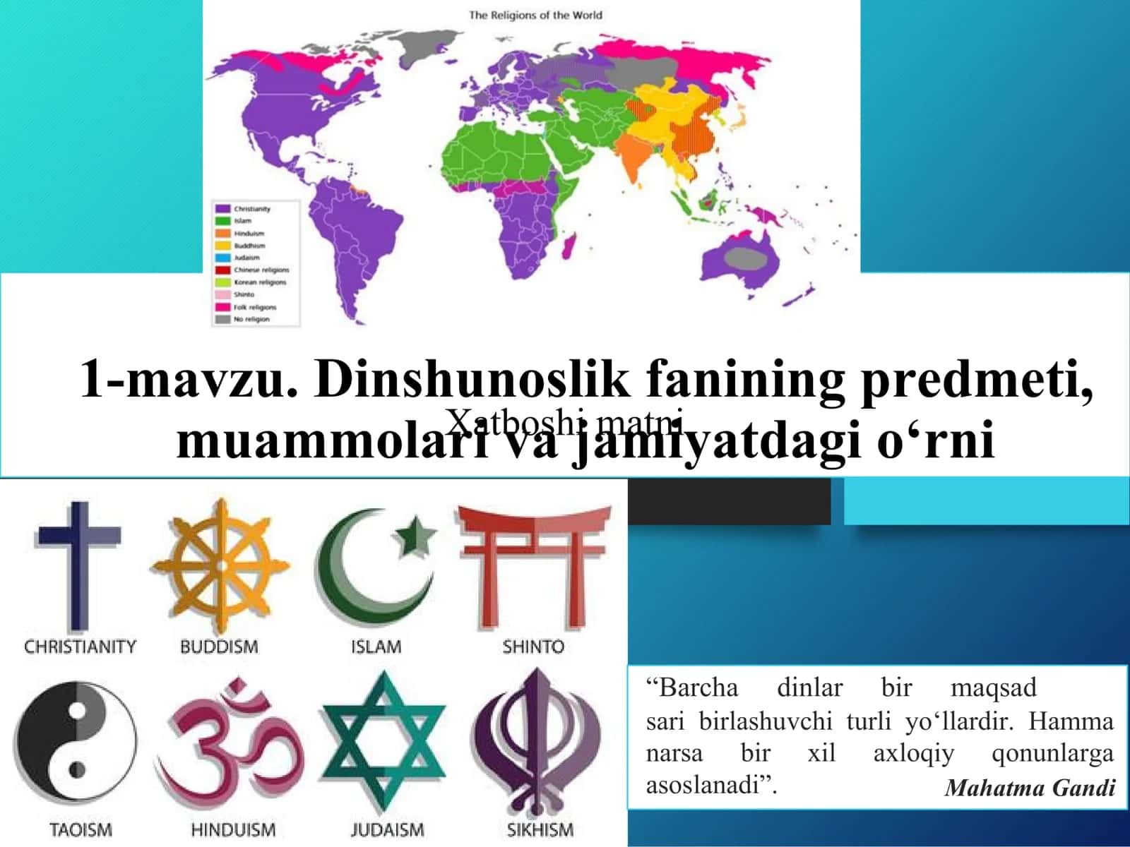 Dinshunoslik fanining predmeti,
muammolari va jamiyatdagi o‘rni