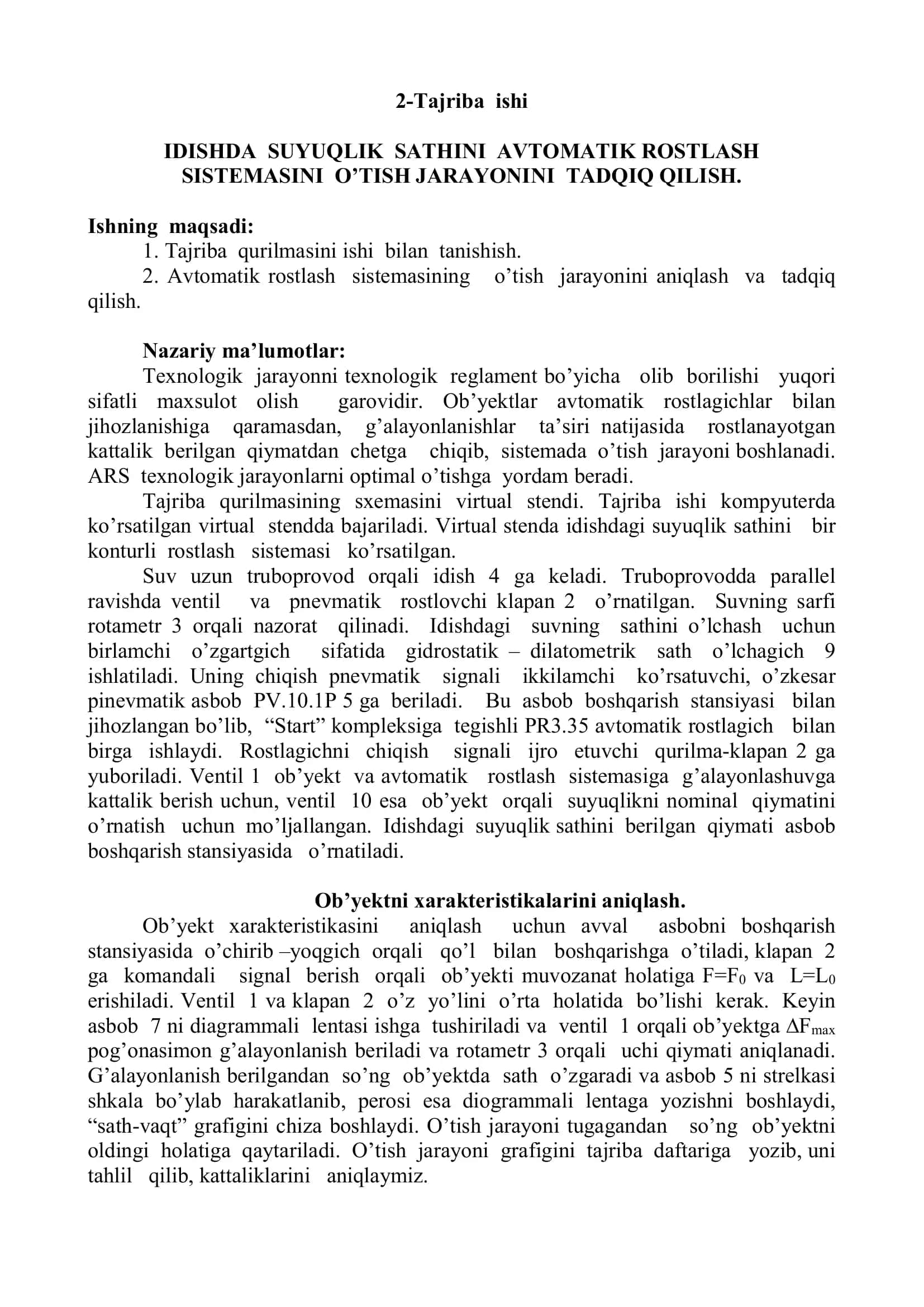 IDISHDA SUYUQLIK SATHINI AVTOMATIK ROSTLASH SISTEMASINI O’TISH JARAYONINI TADQIQ QILISH.