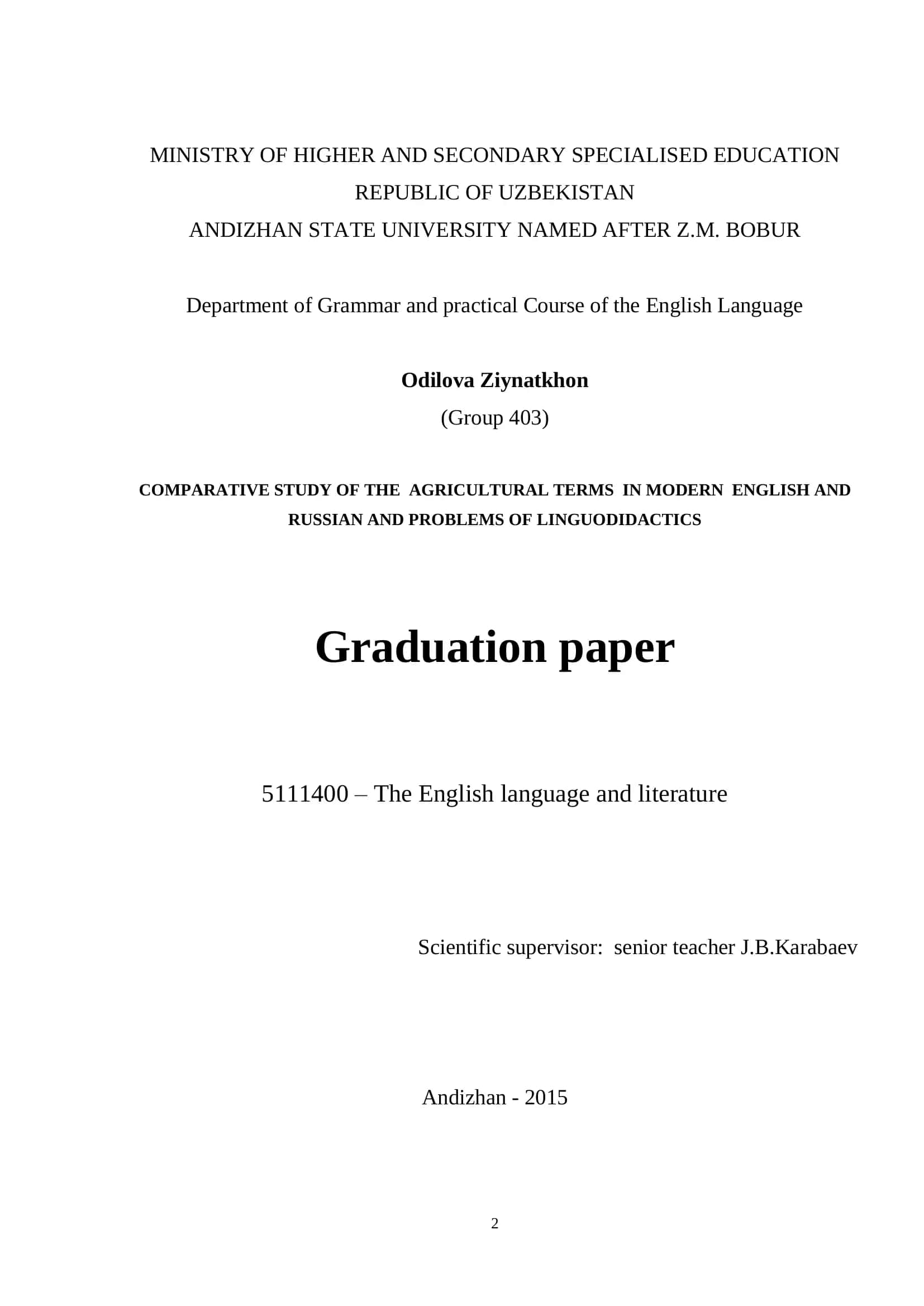 Comparative Study of Agricultural Terms in Modern English and Russian