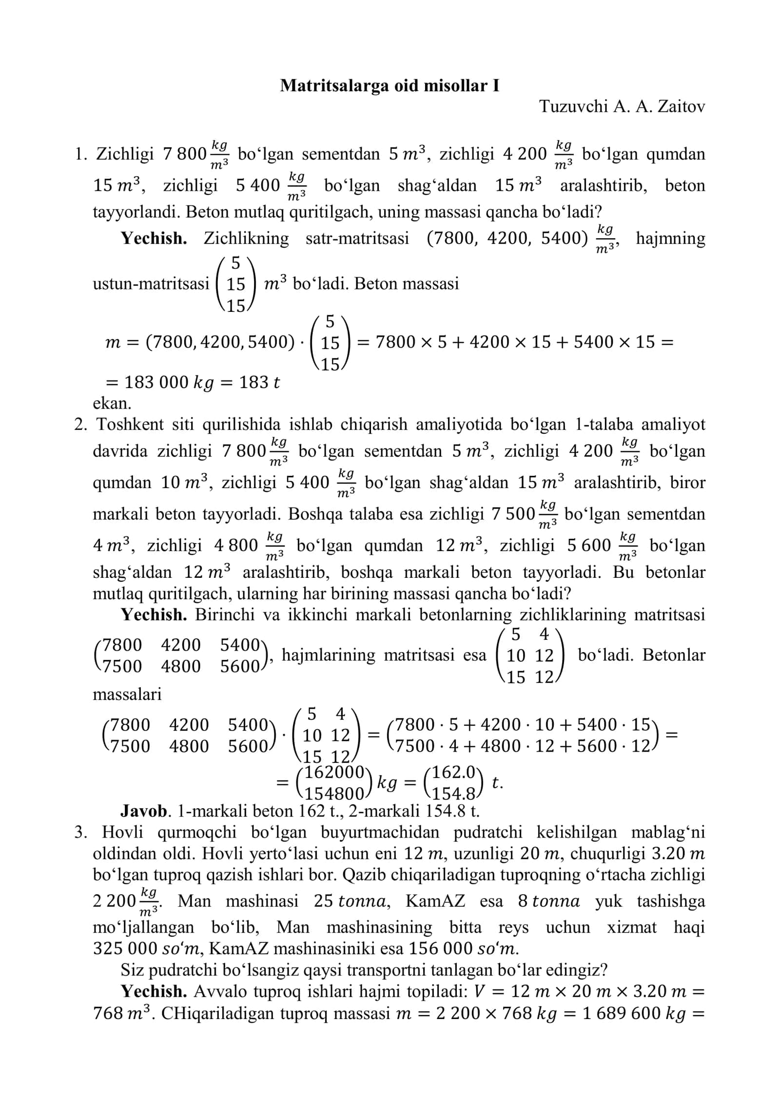Matritsalarga oid misollar I