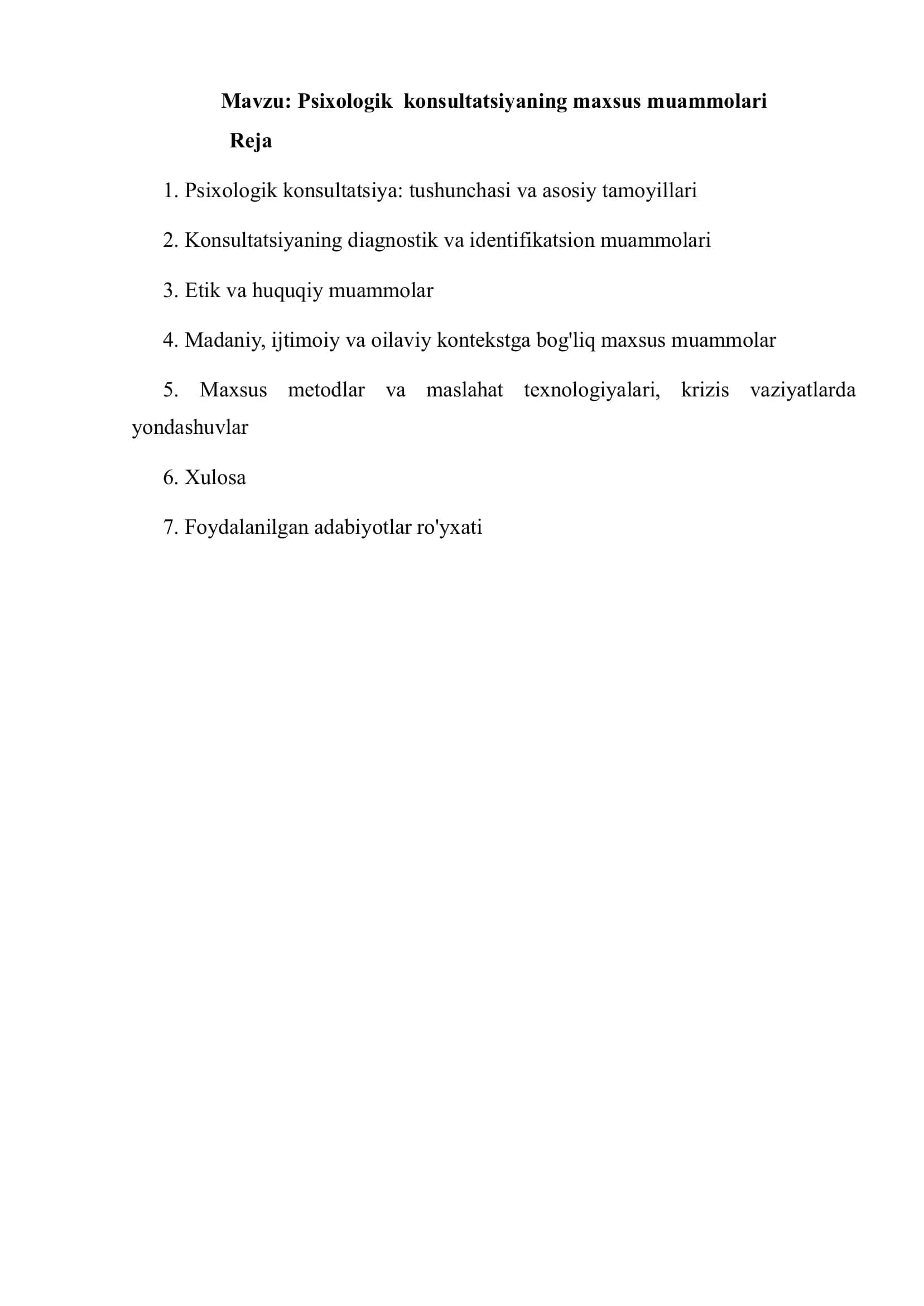 Psixologik konsultatsiyaning maxsus muammolari