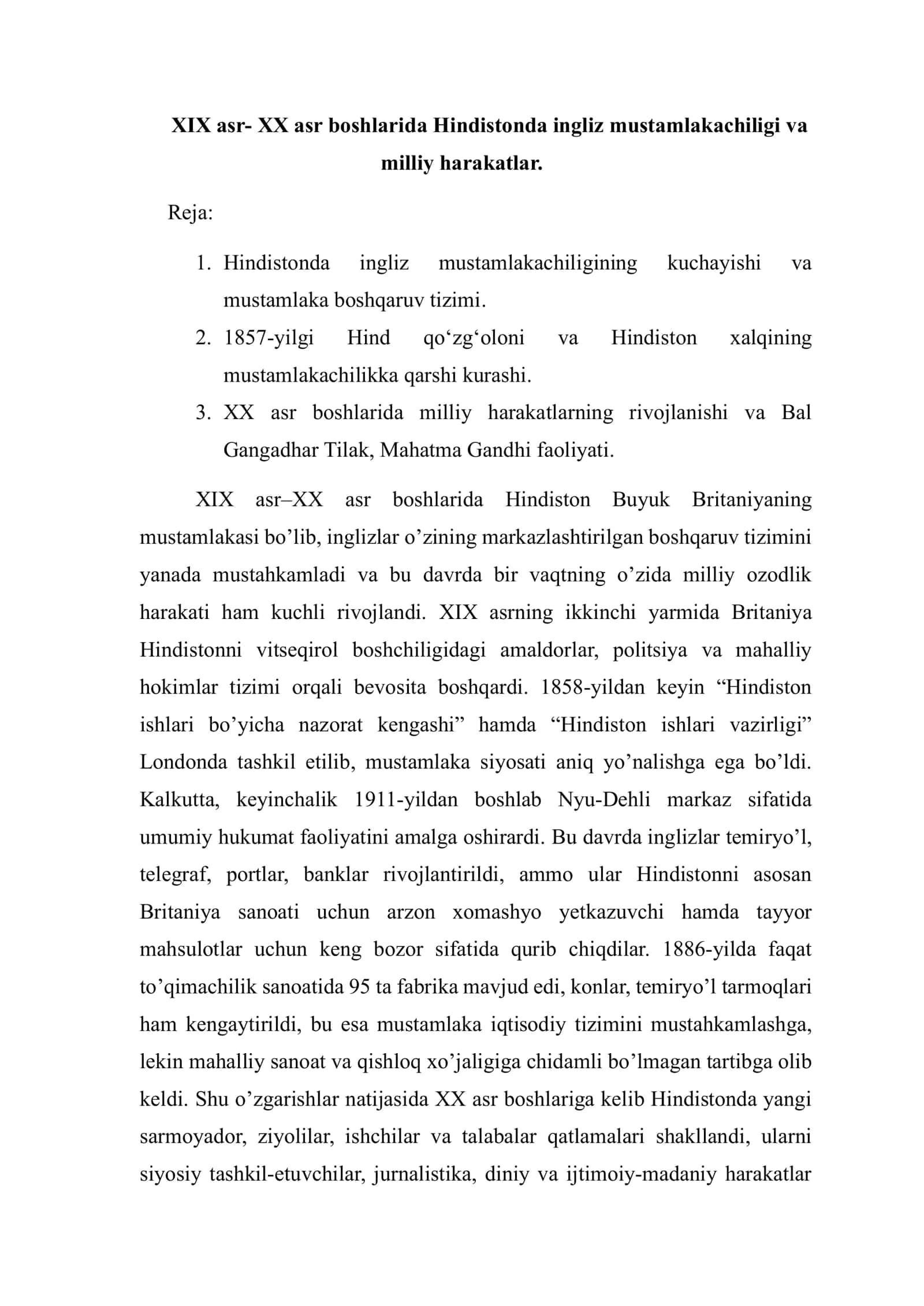 XIX asr- XX asr boshlarida Hindistonda ingliz mustamlakachiligi va milliy harakatlar