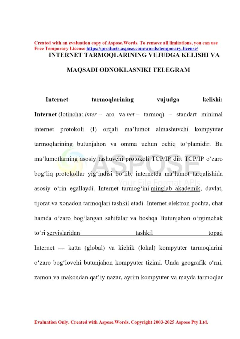 Internet tarmoqlarining vujudga kelishi va maqsadi (Odnoklasniki, Telegram)