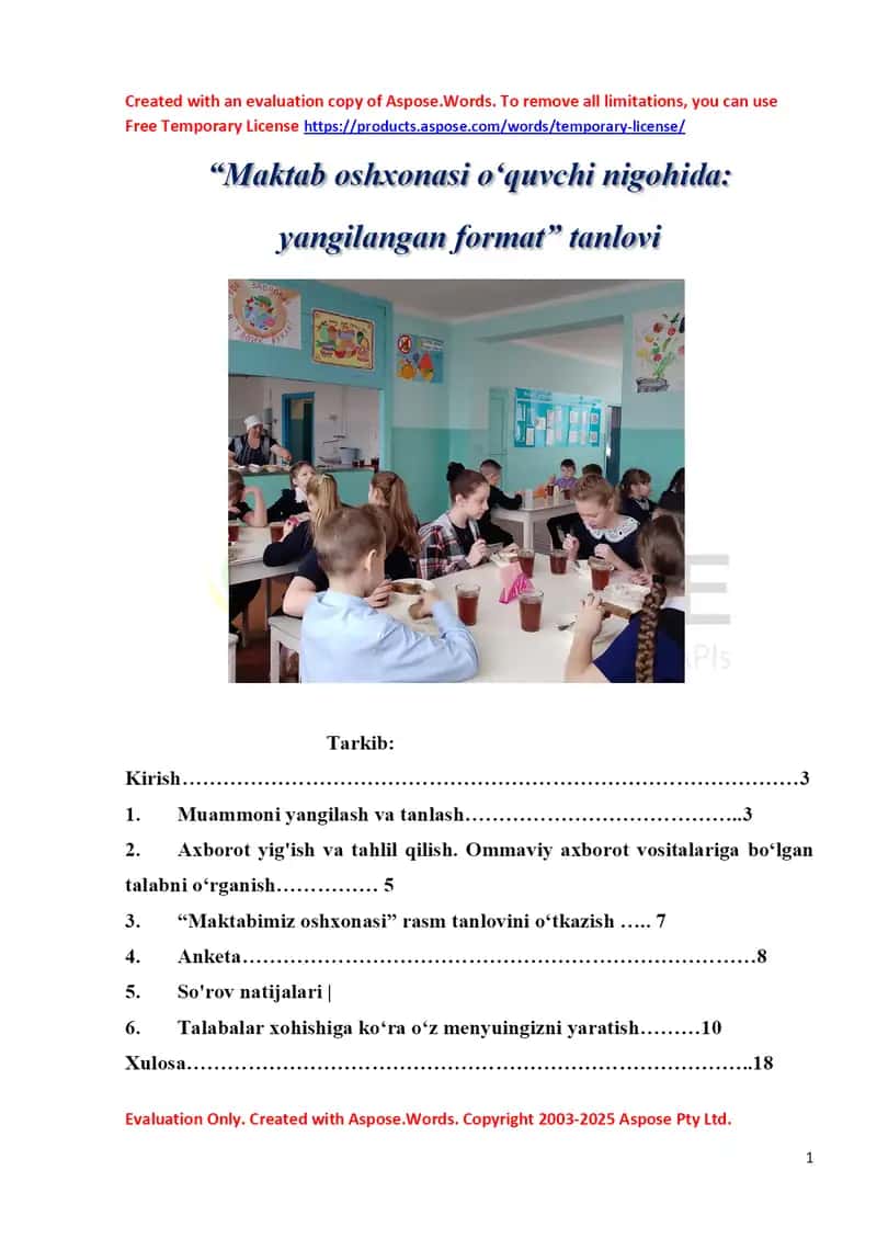 "Maktab oshxonasi o‘quvchi nigohida yangilangan format" tanlovi