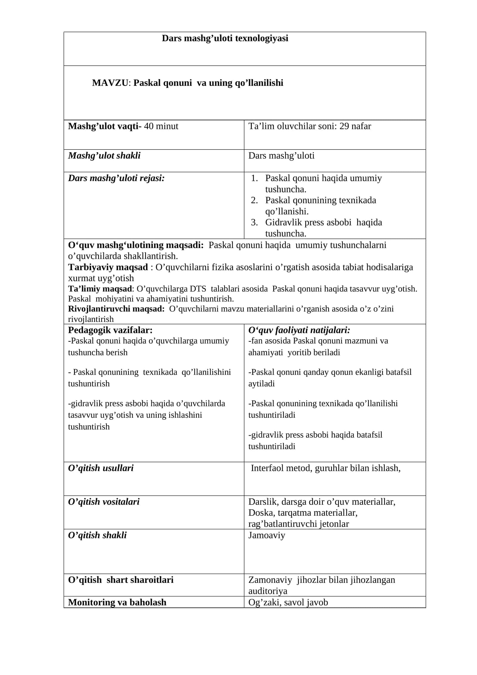 Paskal qonuni va uning qo’llanilishi mavzusida tayyor dars loyiha