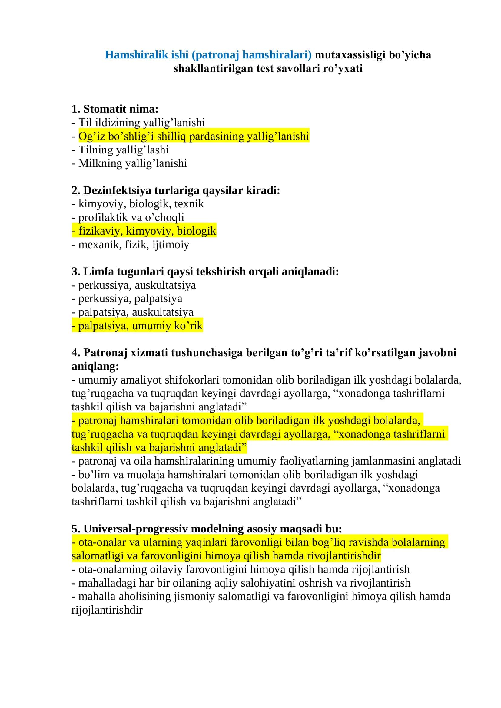 Patronaj hamshiralari uchun test javoblari