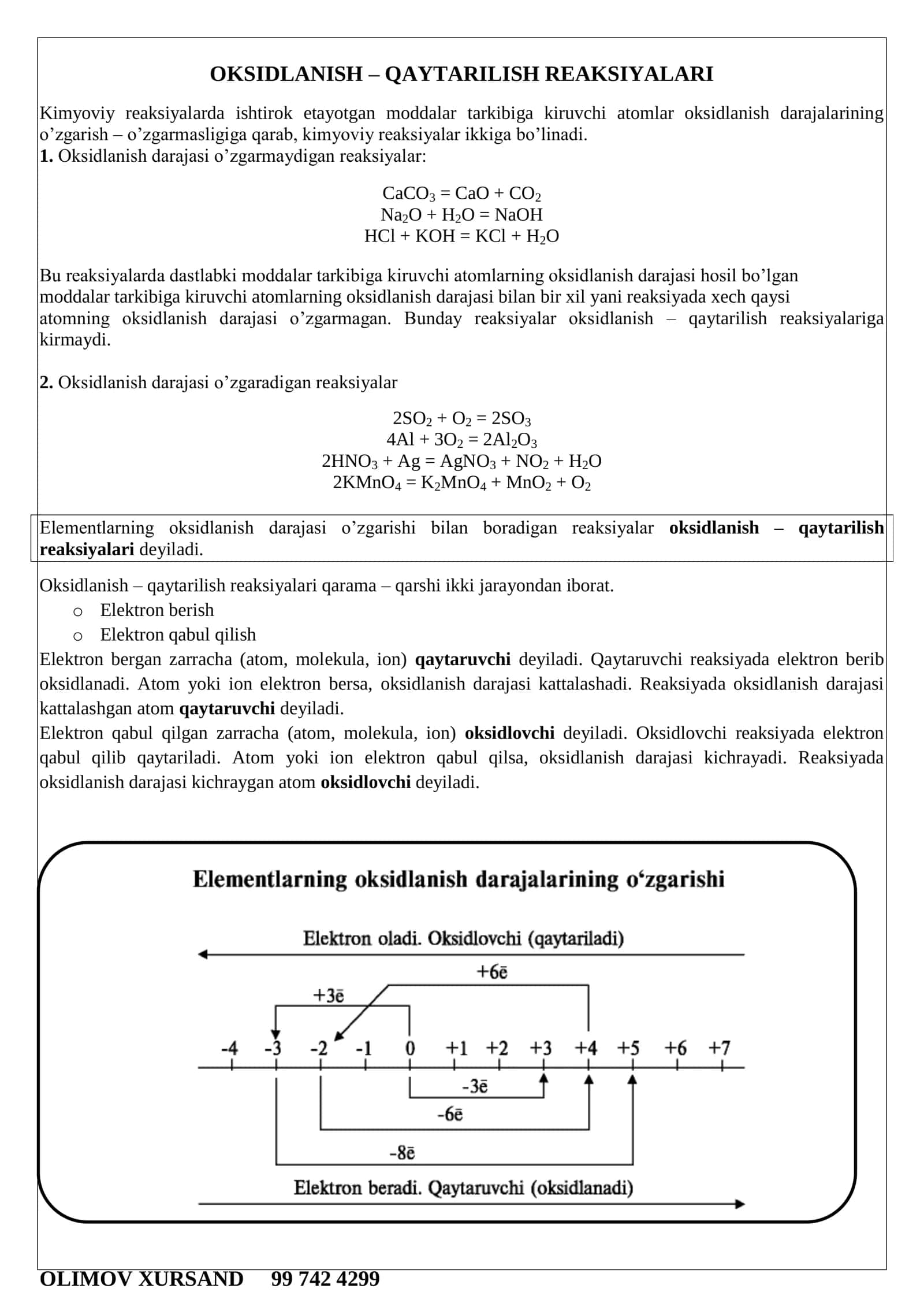 OKSIDLANISH – QAYTARILISH REAKSIYALARI