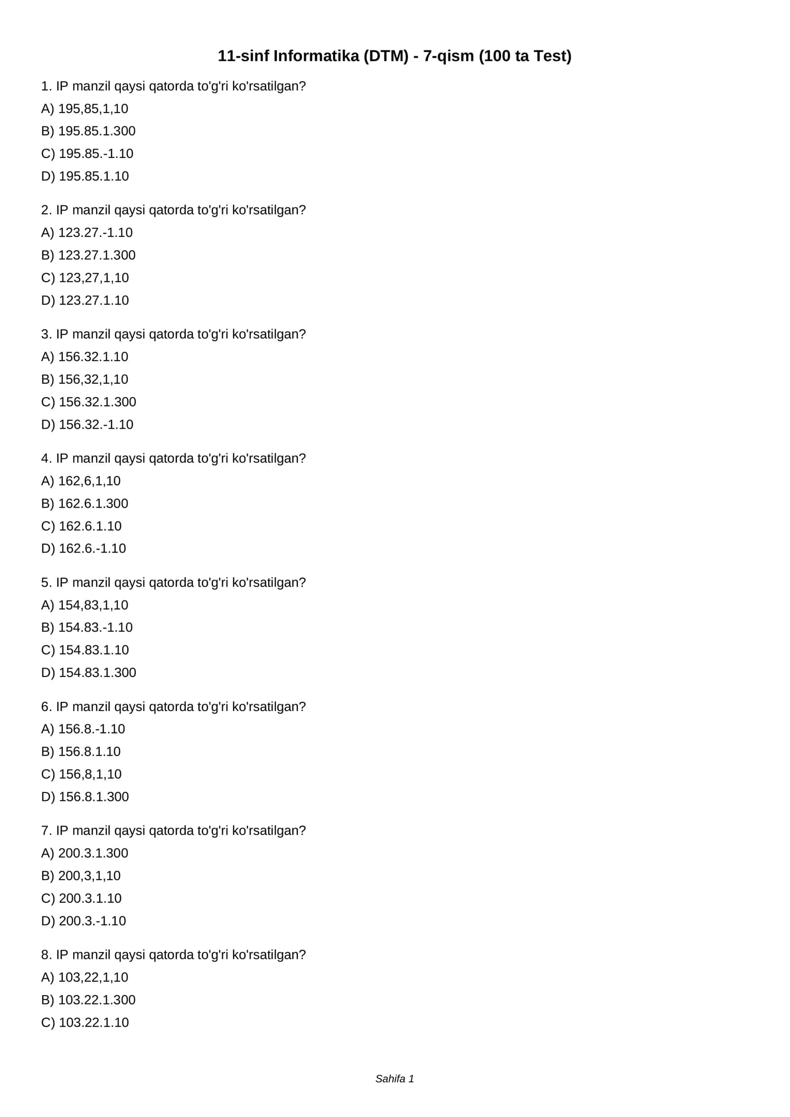 11-sinf Informatika (DTM) - 7-qism (100 ta Test)