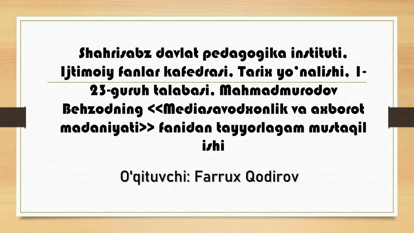 1. Media savodxonlikni rivojlantirish yo’llari. 2.Filmlar va <<Ommaviy madaniyat>>. 3.Televideniya-ko’ngilochar sanoat sifatida. 4.O’yinlar-ijtimoiy faoliyat sifatida. 5.Medialarning ijtimoiy mazmuni. 6.Media madaniyat va innovatsion pedagogik texnologiyalar.
