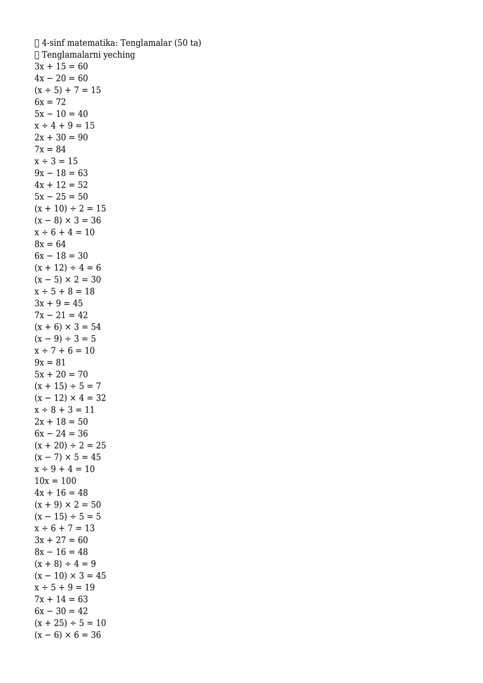 4-sinf matematika: Tenglamalar (50 ta)