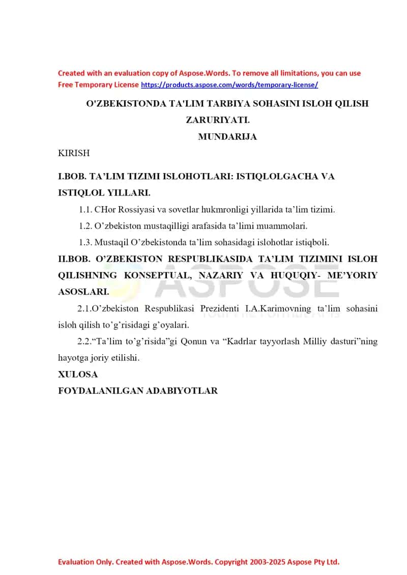 O‘ZBEKISTONDA TA'LIM TARBIYA SOHASINI ISLOH QILISH ZARURIYATI
