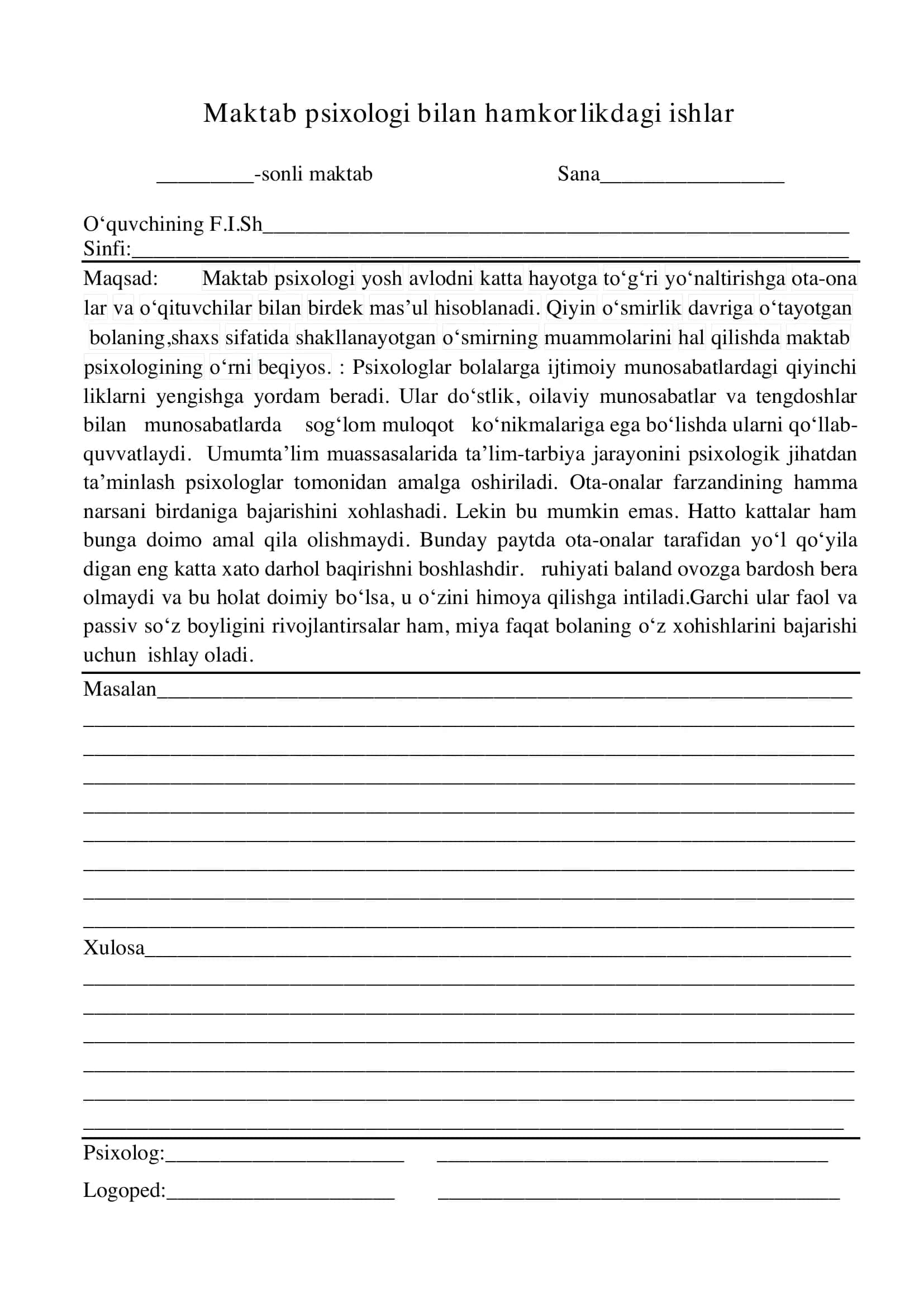 logoped Maktab psixologi bilan hamkorlikdagi ishlar