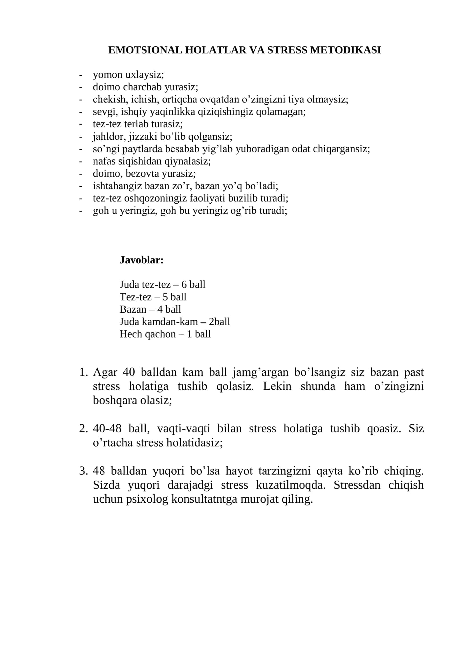EMOTSIONAL HOLATLAR VA STRESS METODIKASI