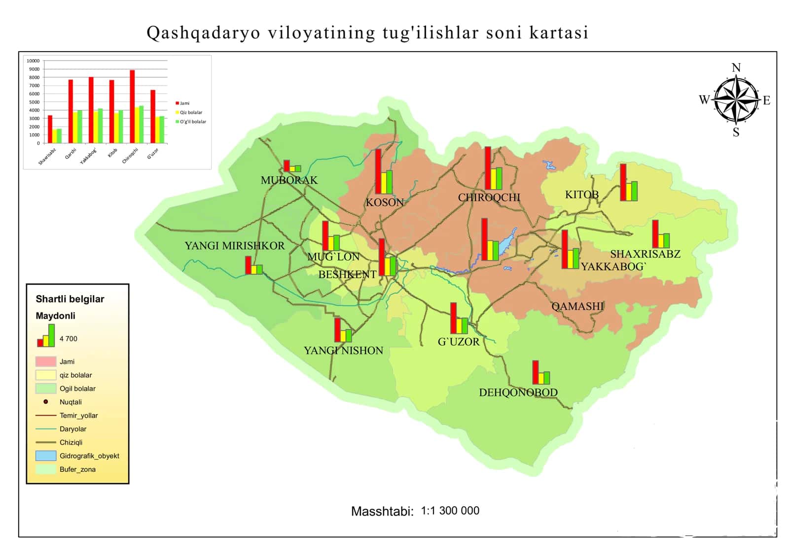 Qashqadaryo viloyatining tug'ilishlar soni kartasi