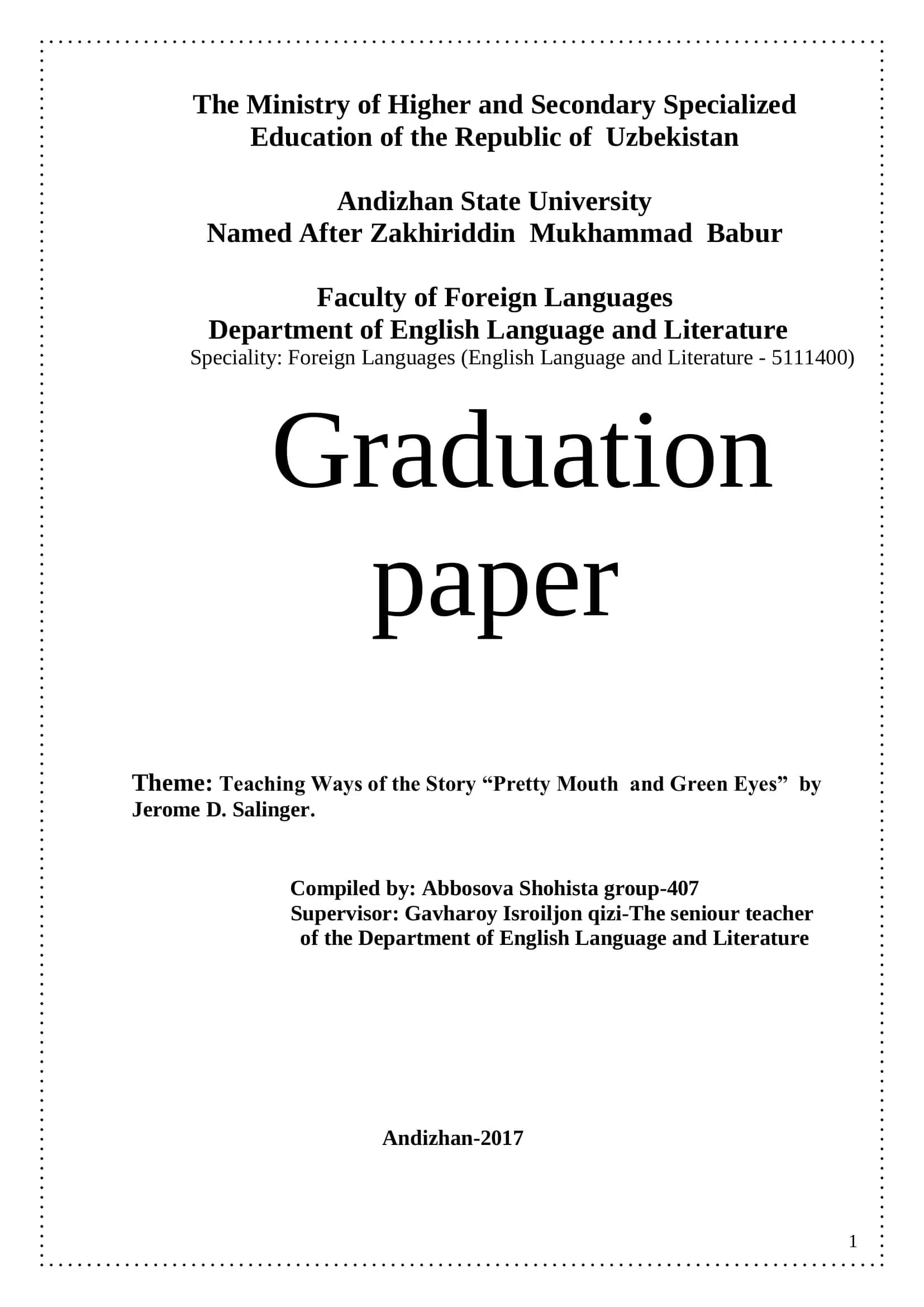 Graduation paper: Teaching Ways of the Story "Pretty Mouth and Green Eyes"
