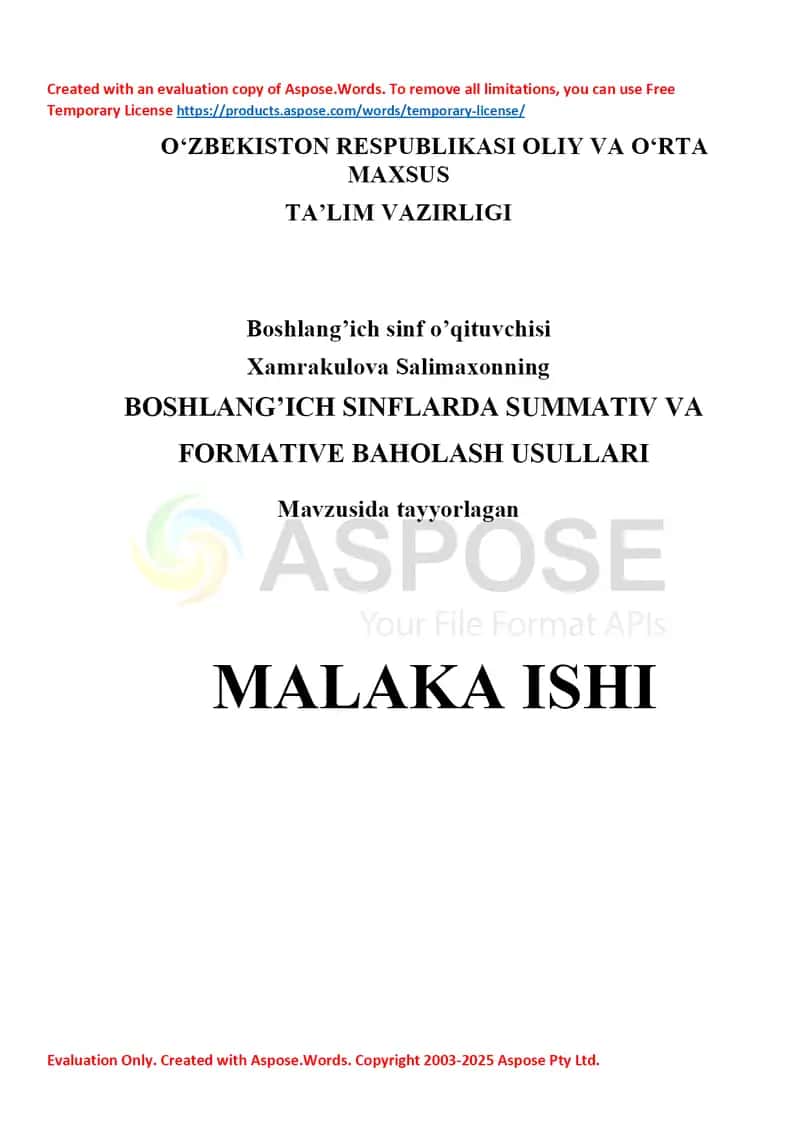 BOSHLANG’ICH SINFLARDA SUMMATIV VA FORMATIVE BAHOLASH USULLARI