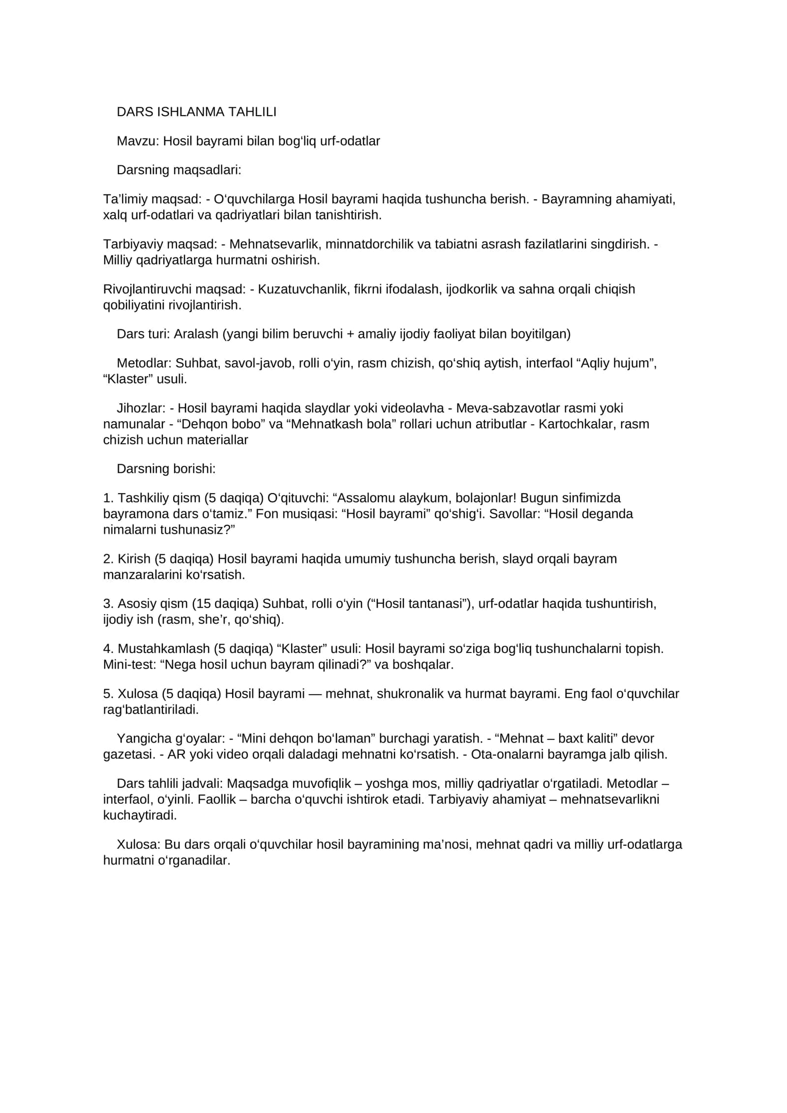 DARS ISHLANMA: Hosil bayrami bilan bogʻliq urf-odatlari
