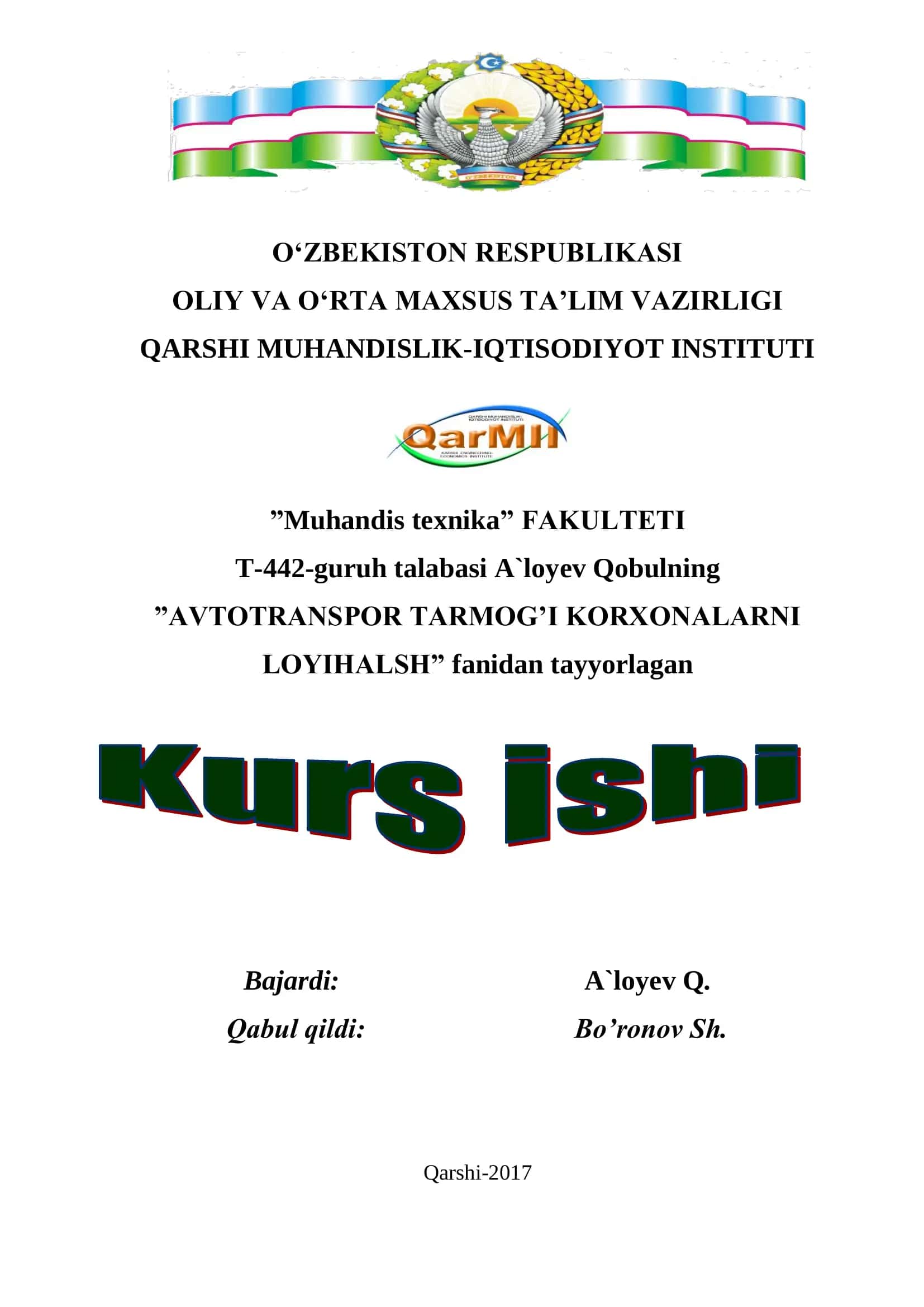 Avtotransport tarmog’i korxonalarini loyihalash