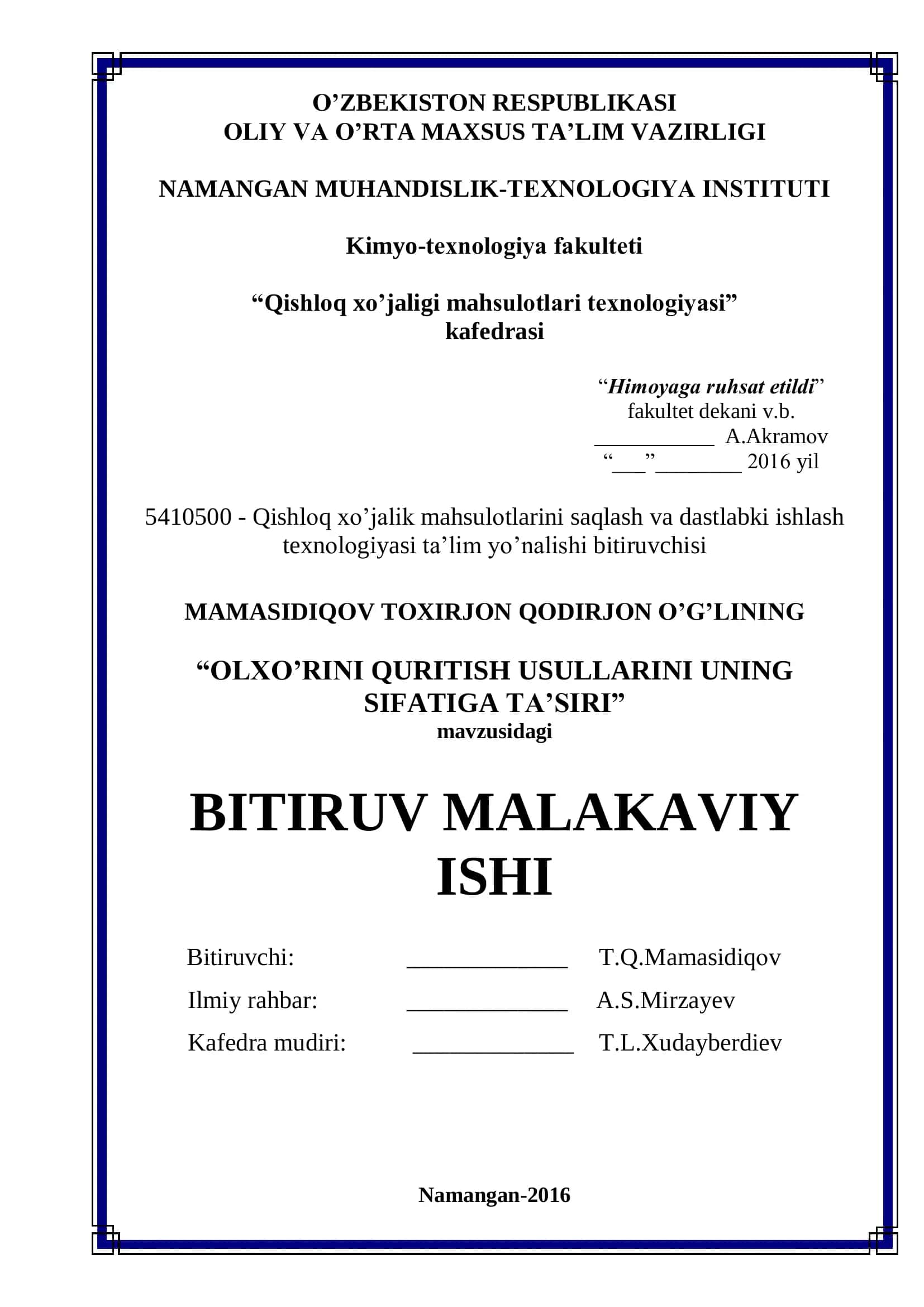 Qishloq xo'jaligi mahsulotlari texnologiyasi