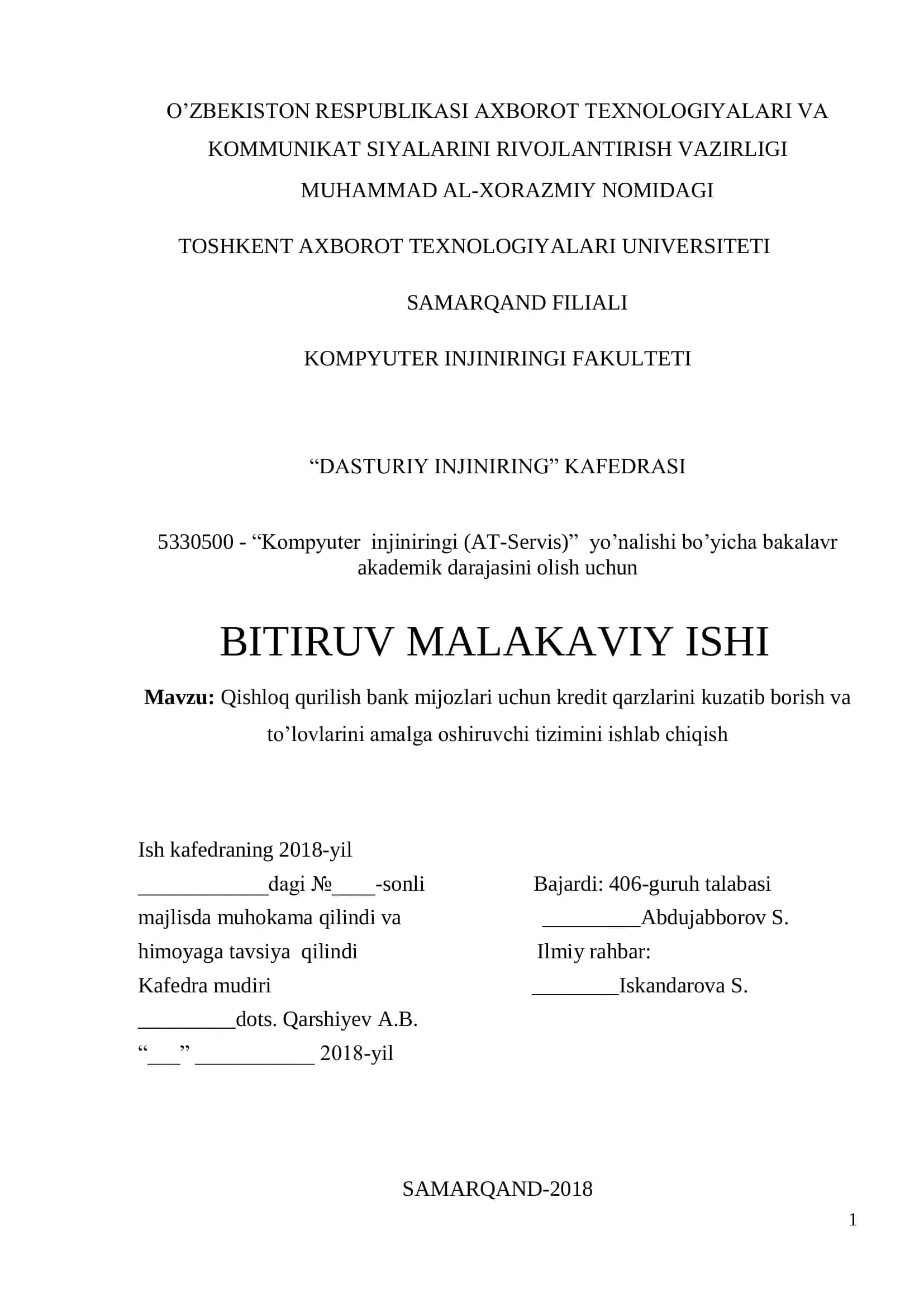 Qishloq qurilish bank mijozlari uchun kredit qarzlarini kuzatib borish va to'lovlarini amalga oshiruvchi tizimini ishlab chiqish