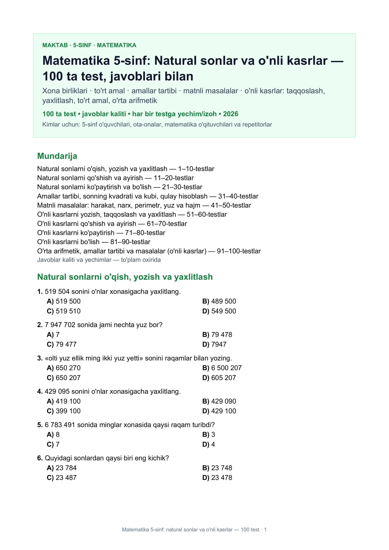 Matematika 5-sinf: natural sonlar va o'nli kasrlar — 100 test
