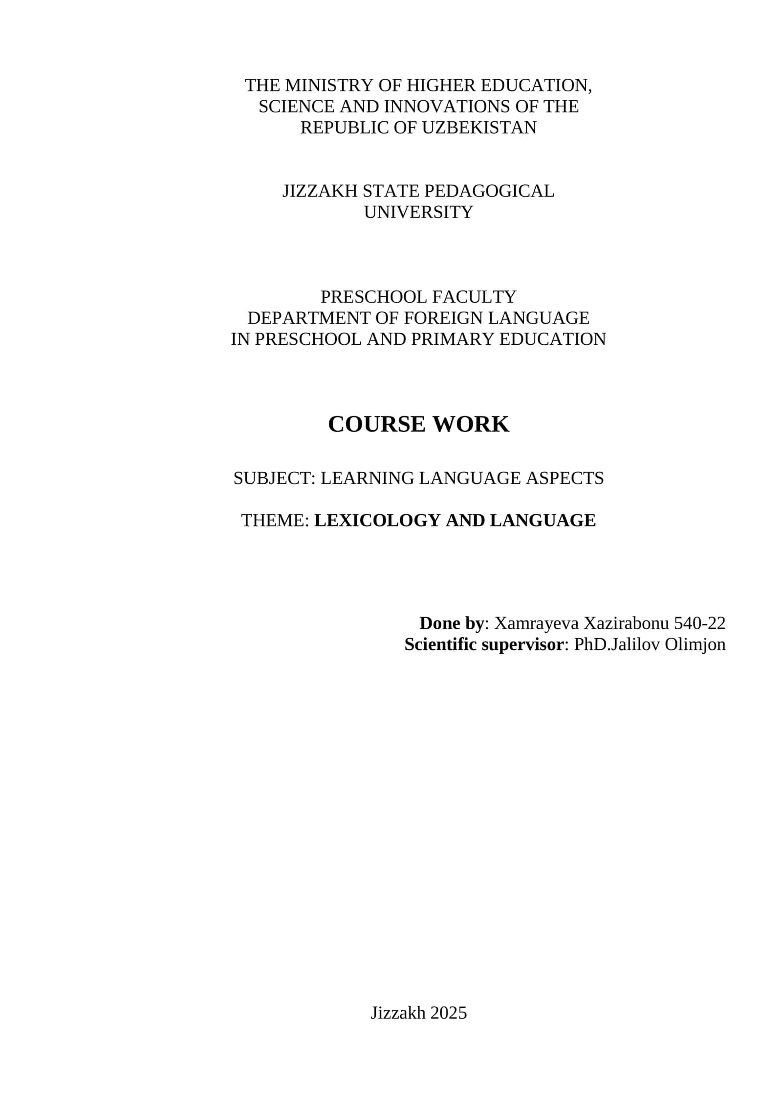 COURSE WORK ON LEXICOLOGY AND LANGUAGE