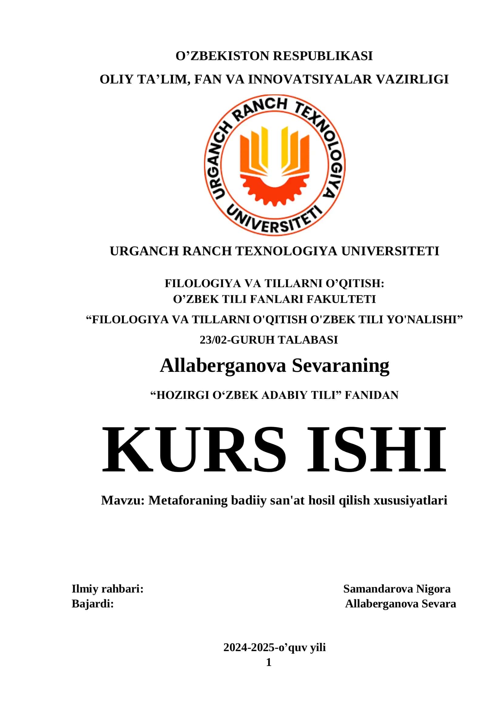 "HOZIRGI OʻZBEK ADABIY TILI" KURS ISHI