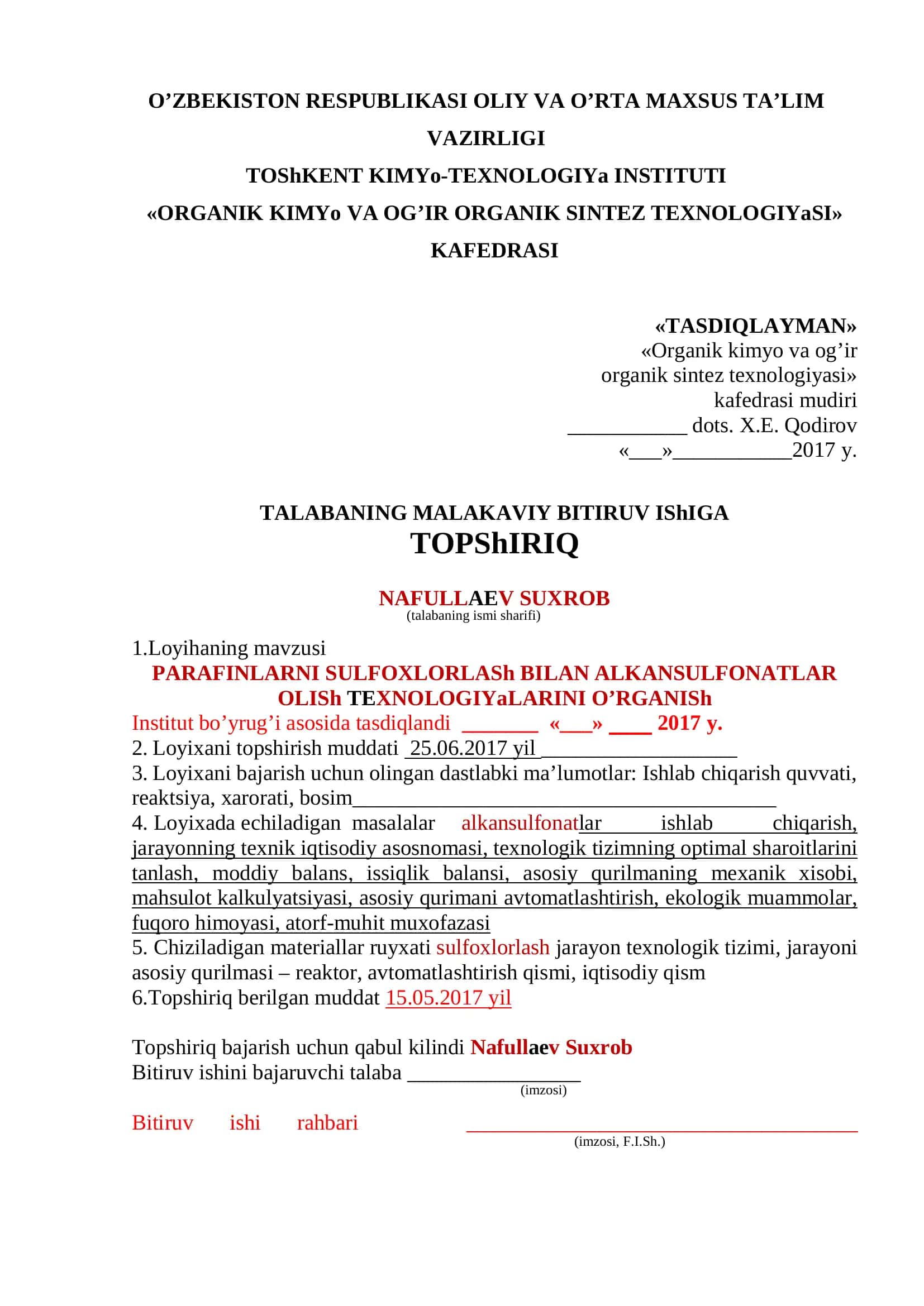 PARAFINLARNI SULFOXLORLASh BILAN ALKANSULFONATLAR OLISh TEXNOLOGIYaLARINI O’RGANISh