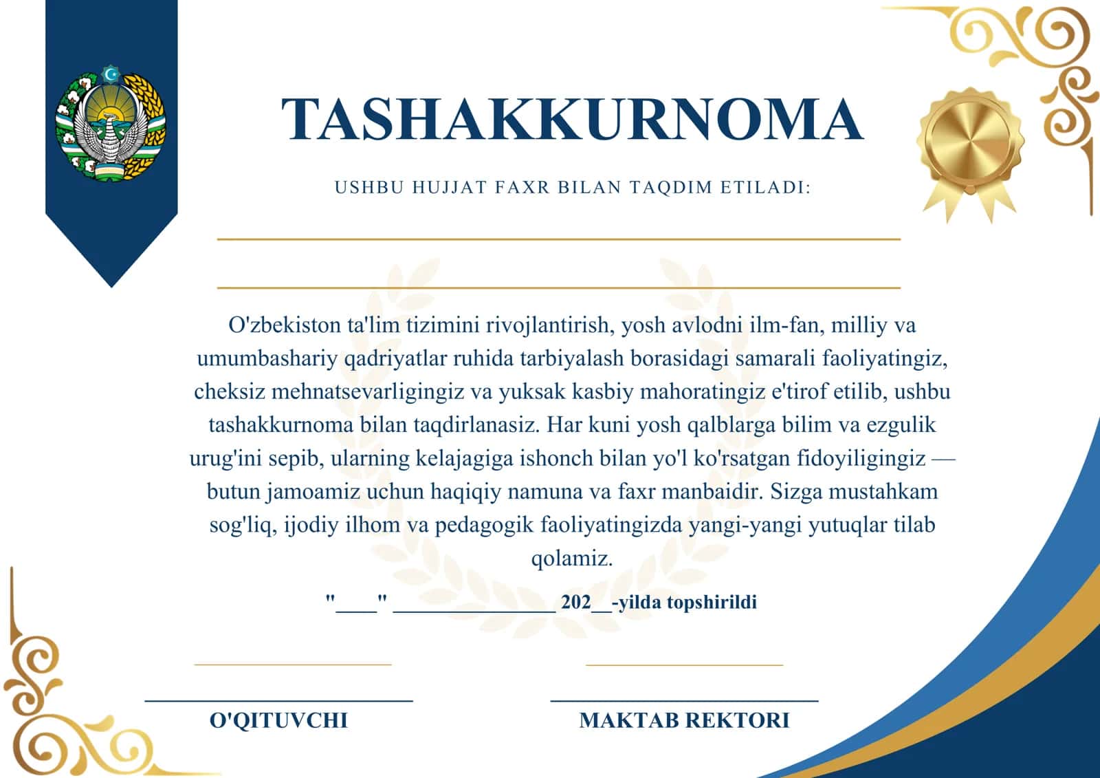 Diplom, Sertifikat, Tashakkurnoma, Maqtov Yorlig'i SHABLON Tashakkurnoma Sertifikat shablon Diplom shablon Maqtov yorliq O'qituvchilar kuni 1-oktabr tabrik O'qituvchi va murabbiylar kuni Rahmatnoma Faxriy yorliq Ko'rik-tanlov diplomi