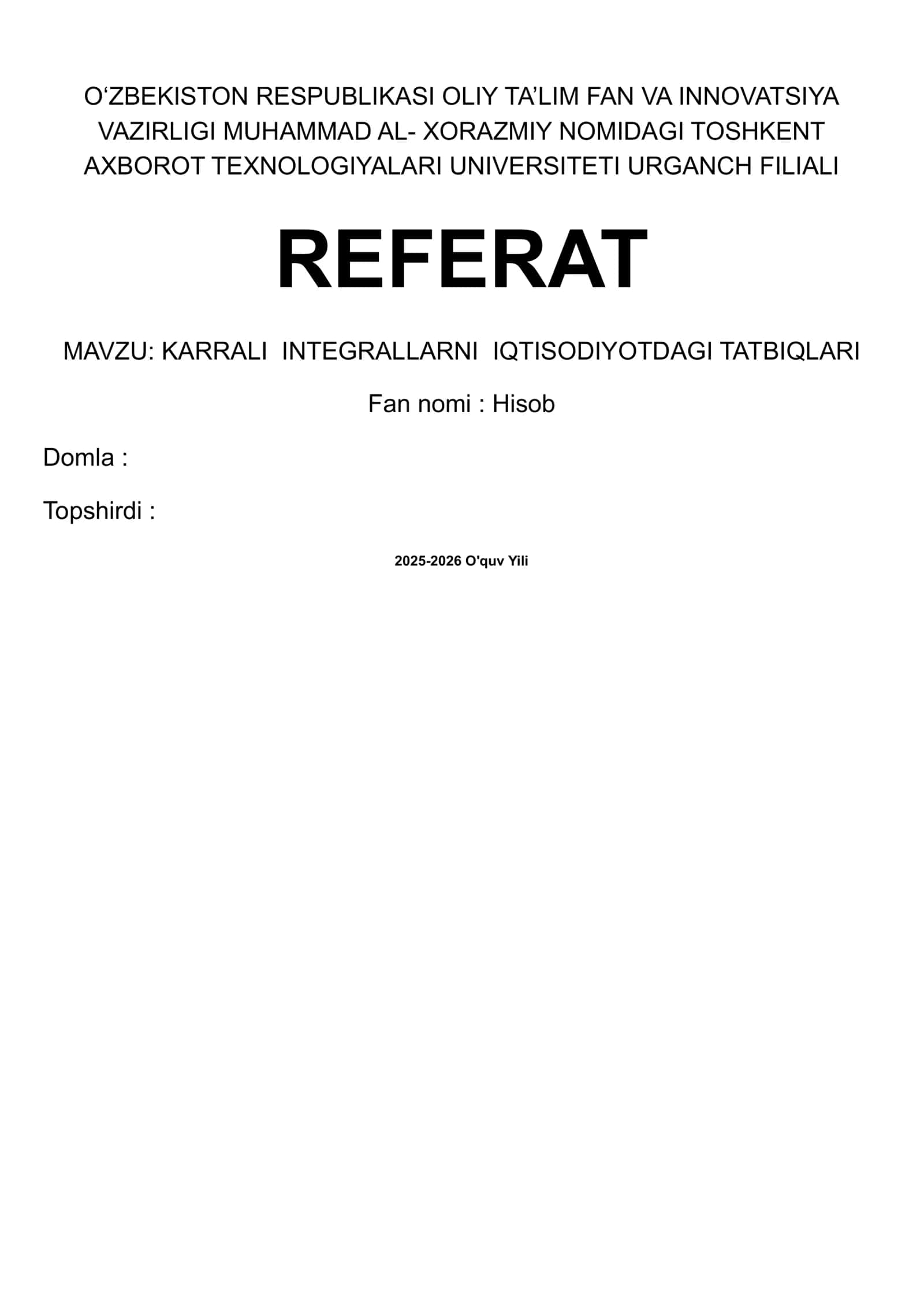KARRALI INTEGRALLARNI IQTISODIYOTDAGI TATBIQLARI