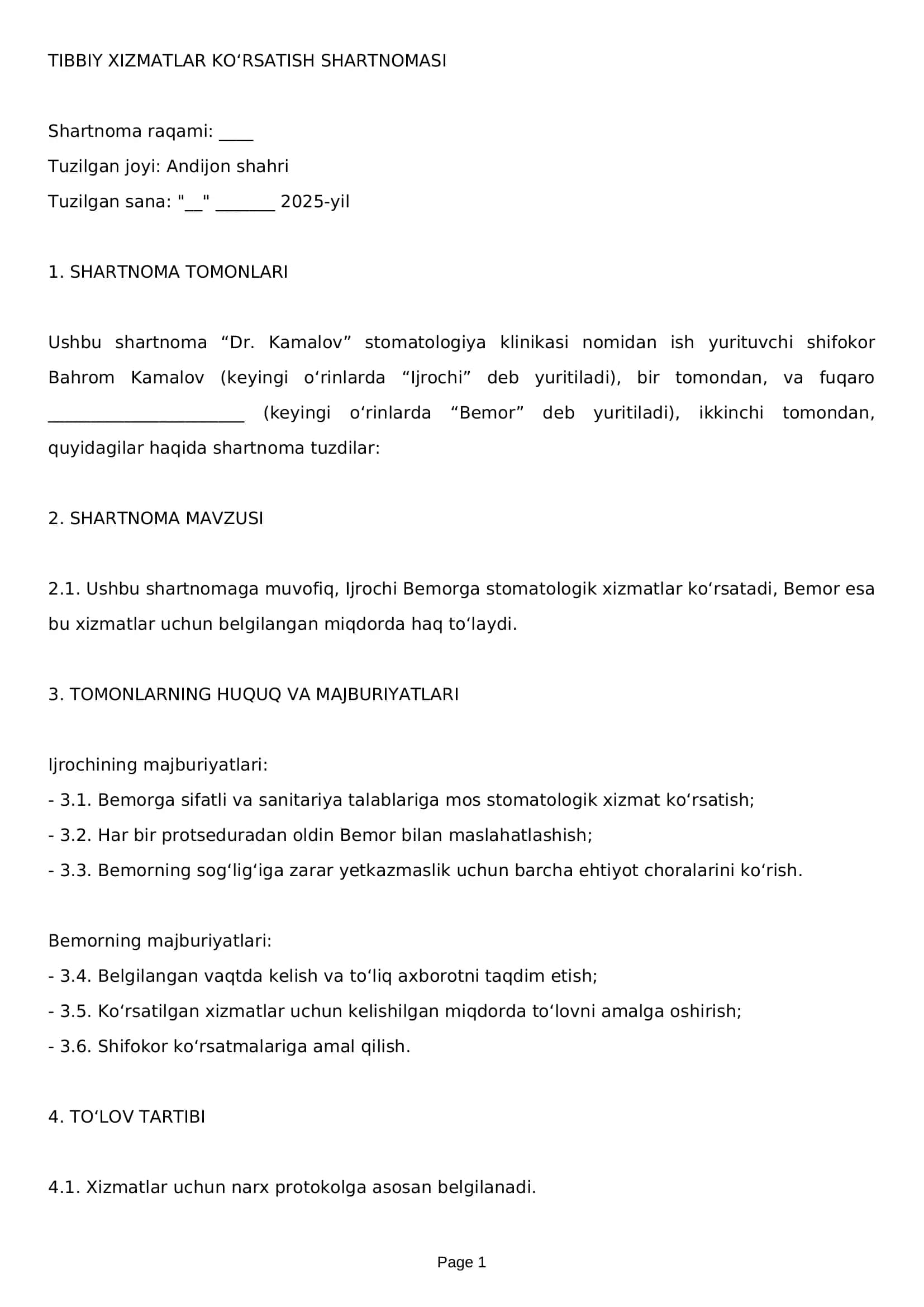 TIBBIY XIZMATLAR KO‘RSATISH SHARTNOMASI