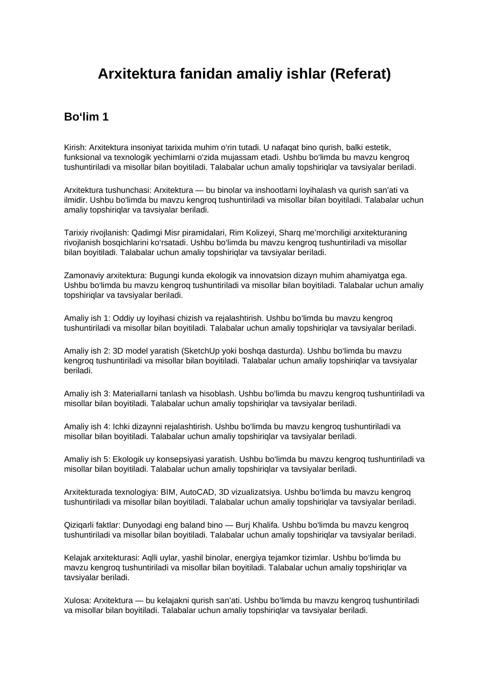 Arxitektura fanidan amaliy ishlar (Referat)