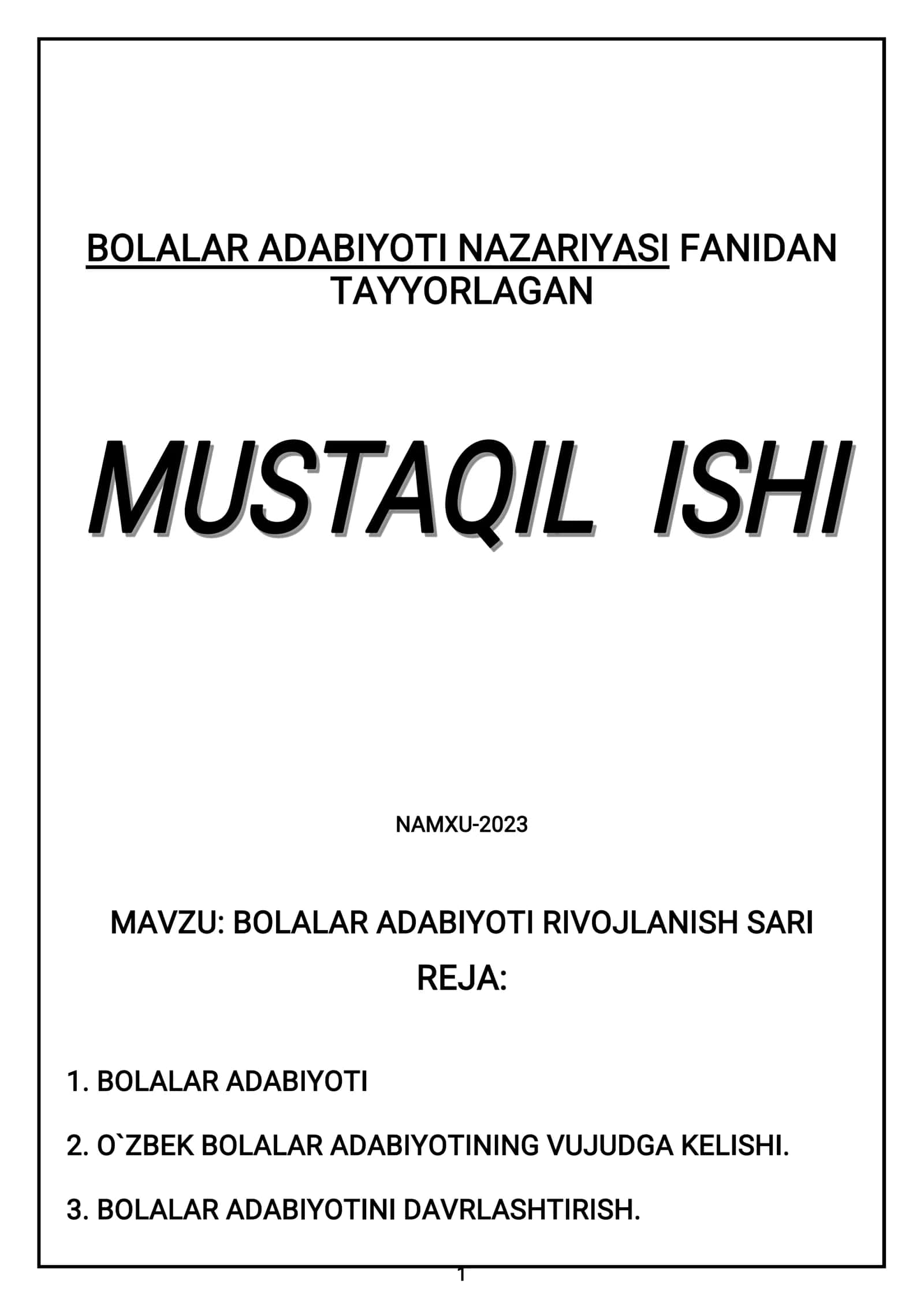 BOLALAR ADABIYOTI NAZARIYASI FANIDAN