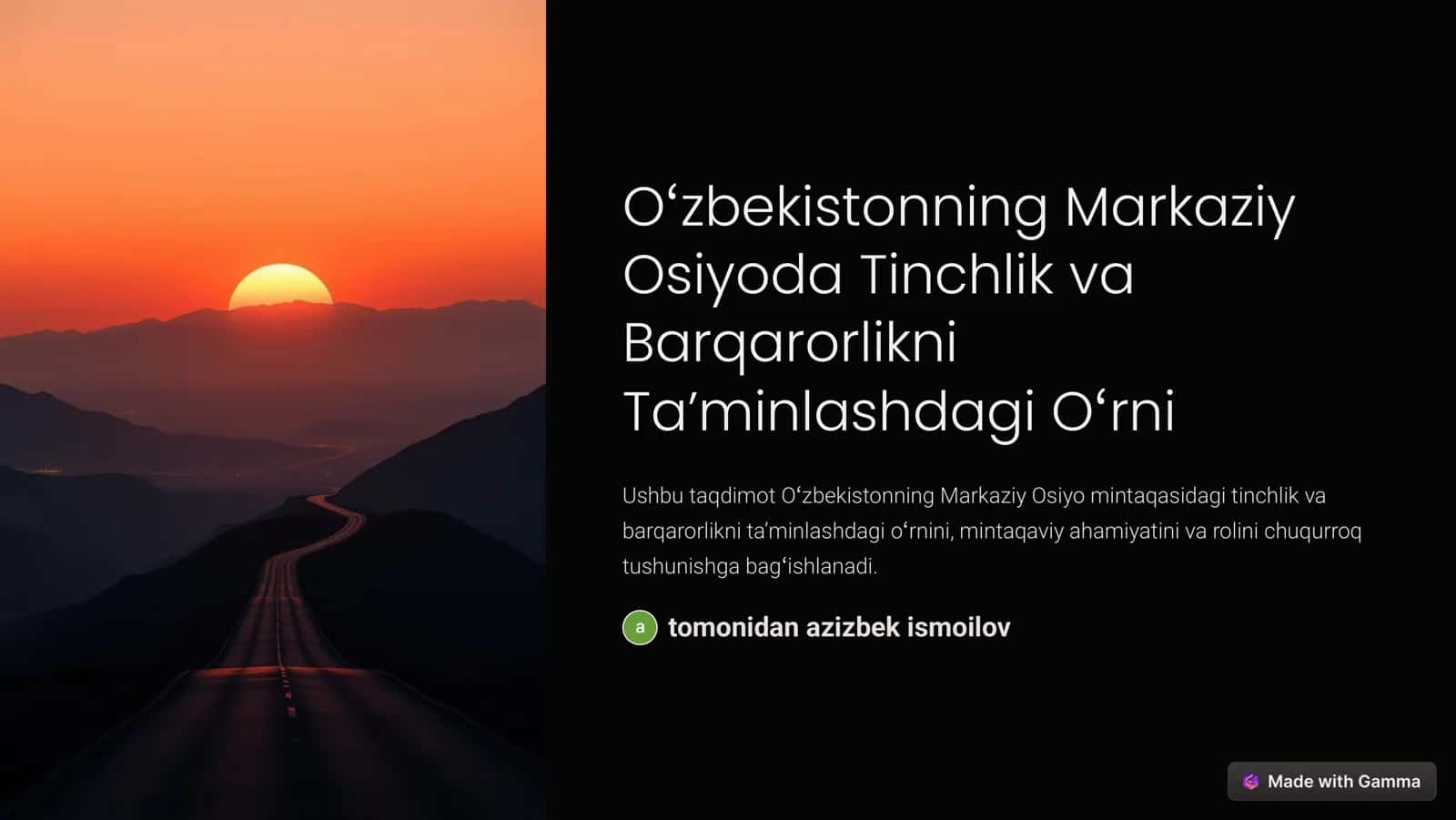 O»zbekistonning Markaziy Osiyoda Tinchlik va Barqarorlikni Ta¾minlashdagi O»rni