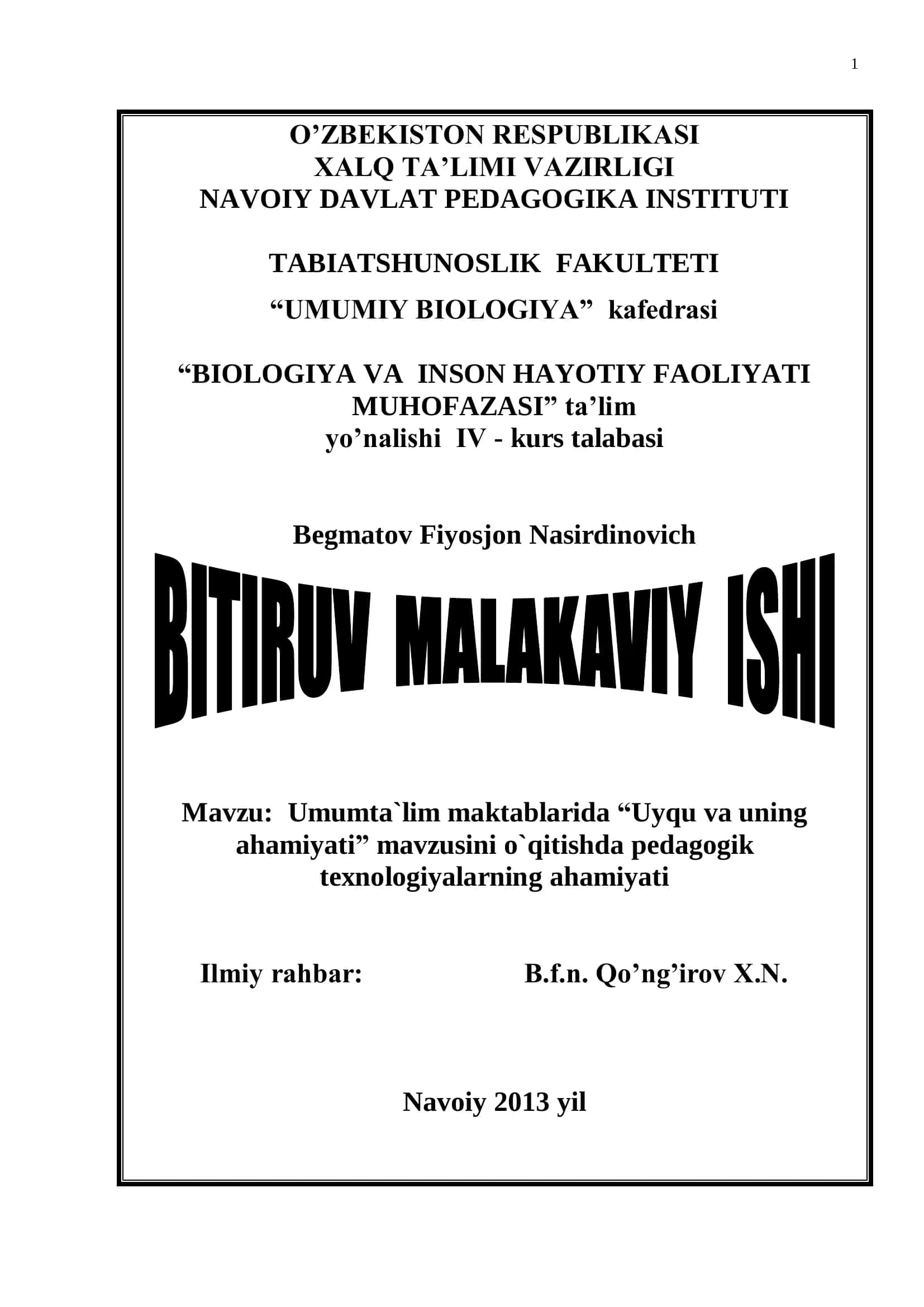 BIOLOGIYA VA INSON HAYOTIY FAOLIYATI MUHOFAZASI