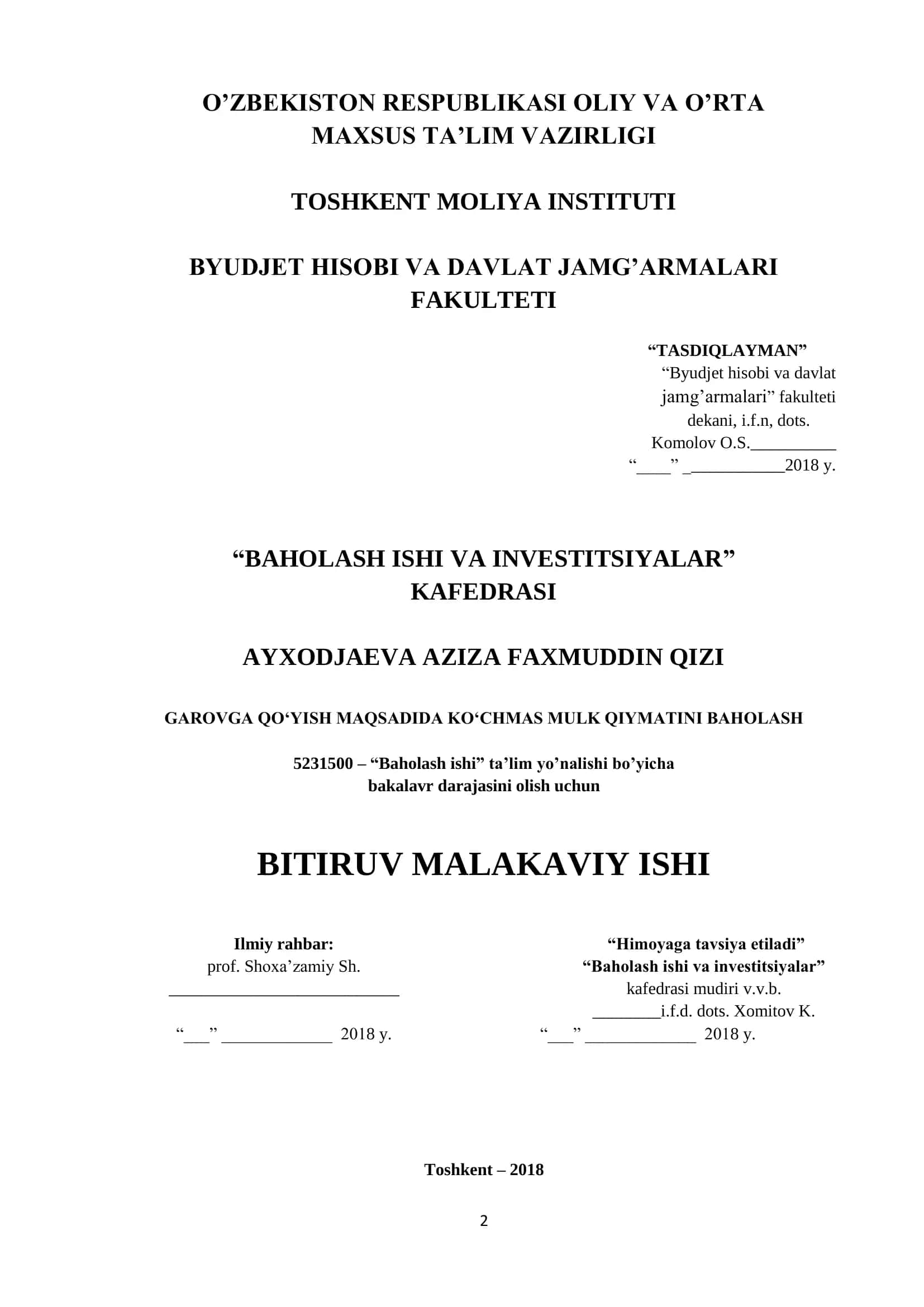 GAROVGA QO‘YISH MAQSADIDA KO‘CHMAS MULK QIYMATINI BAHOLASH