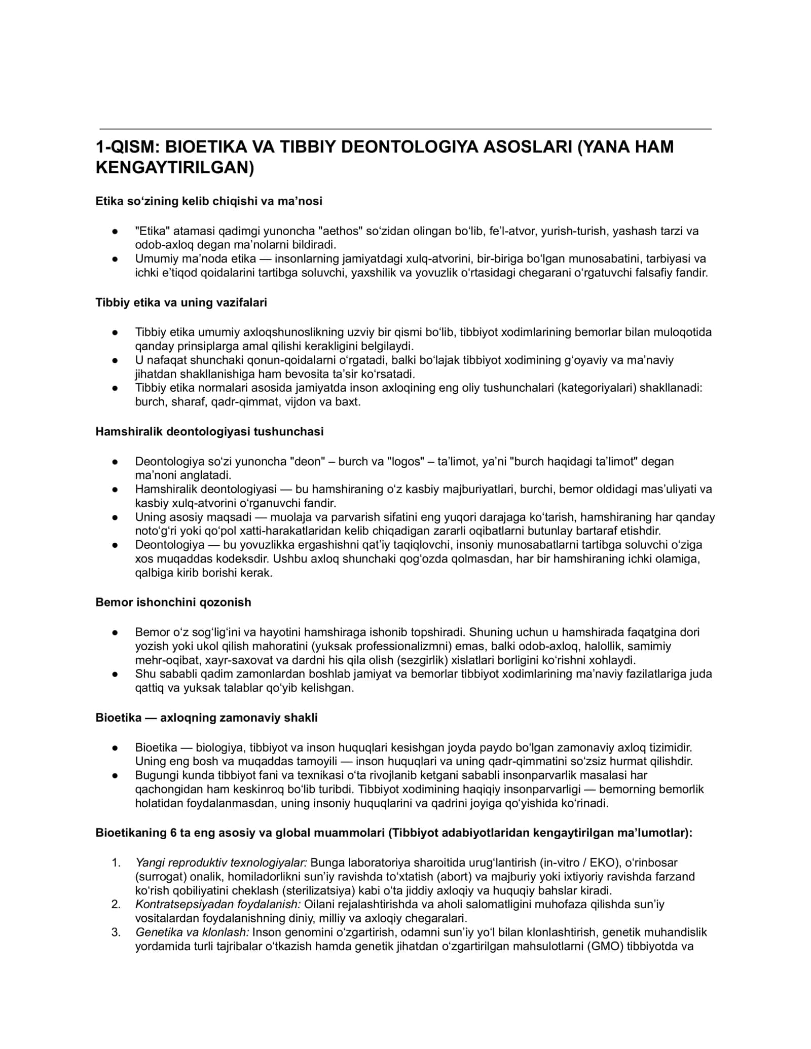 1-QISM: BIOETIKA VA TIBBIY DEONTOLOGIYA ASOSLARI (YANA HAM KENGAYTIRILGAN)