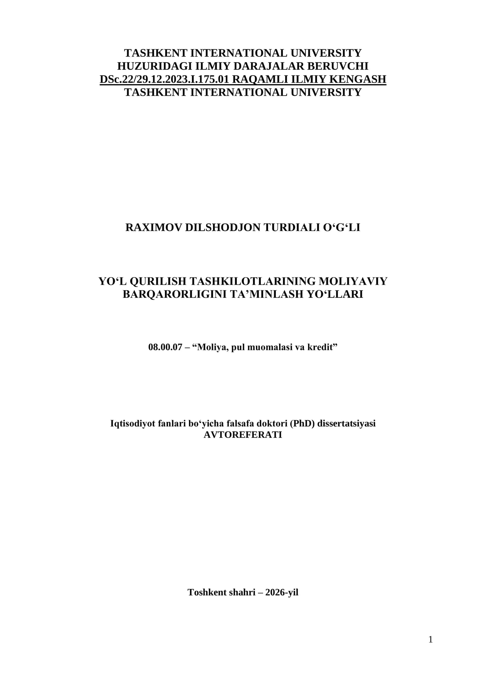 Iqtisodiyot fanlari boʻyicha falsafa doktori (PhD) dissertatsiyasi