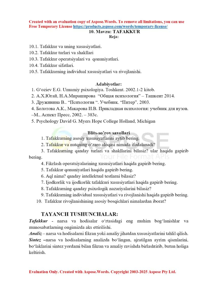 Tafakkur va uning xususiyatlari